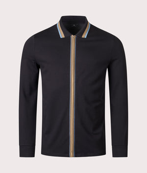 Long Sleeve Zip Through Polo Shirt in Black | 100% Cotton | PS Paul Smith | EQVVS | Front shot 