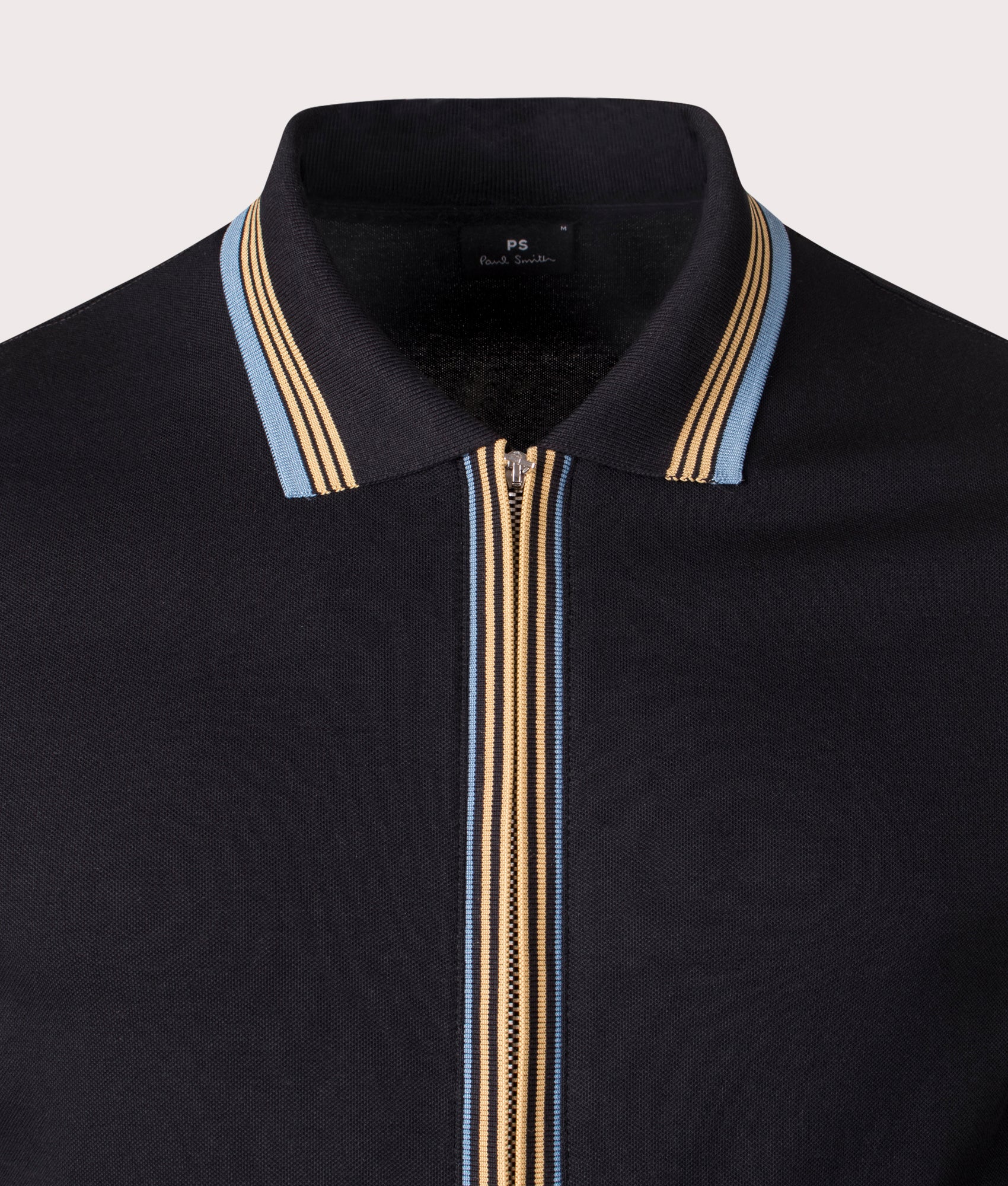 Long Sleeve Zip Through Polo Shirt in Black | 100% Cotton | PS Paul Smith | EQVVS | Front detail shot 