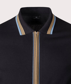 Long Sleeve Zip Through Polo Shirt in Black | 100% Cotton | PS Paul Smith | EQVVS | Front detail shot 