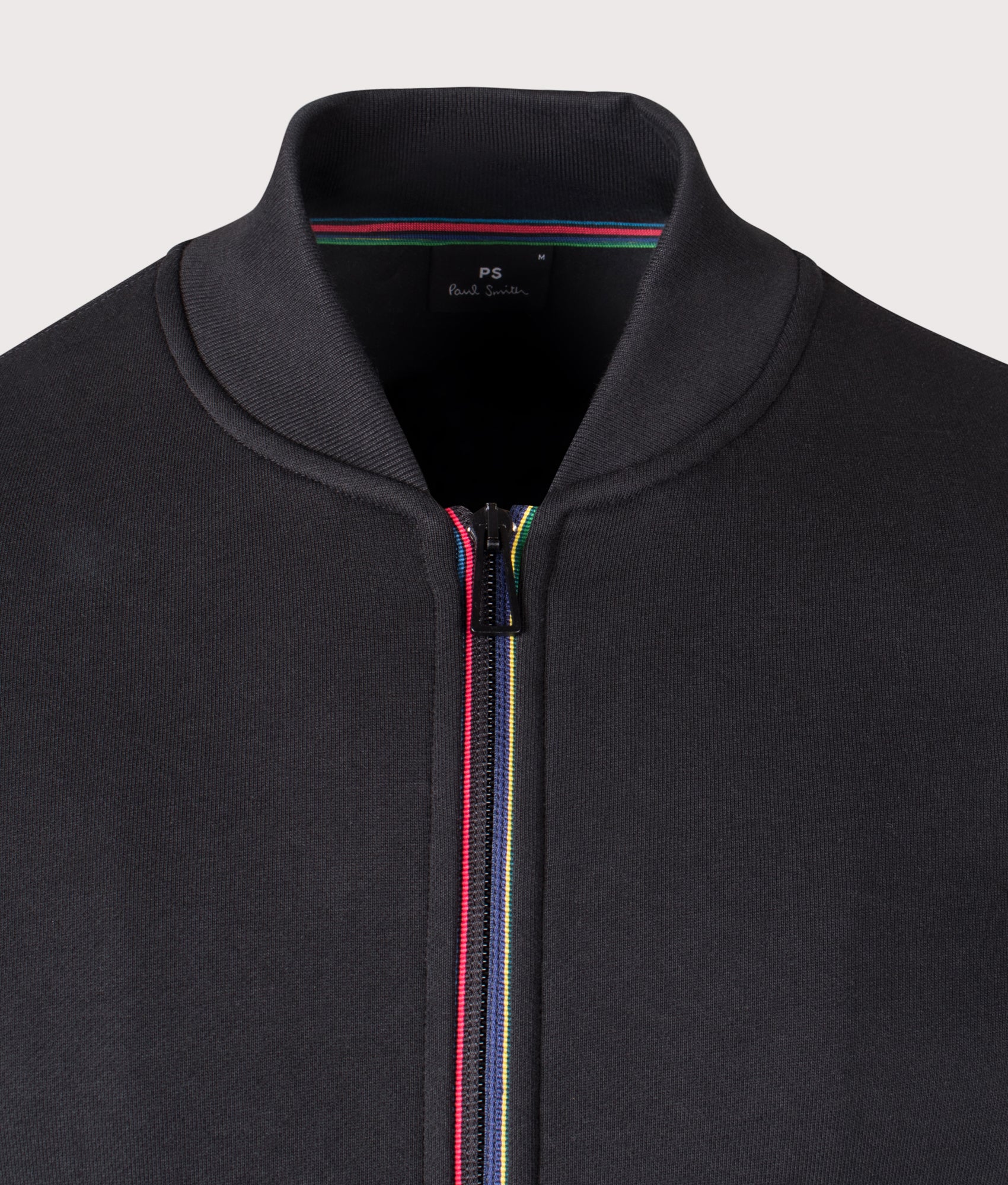 Sports Stripe Zip Through Sweatshirt in Black. 100% Cotton | PS Paul Smith | Shot at EQVVS | Front detail shot