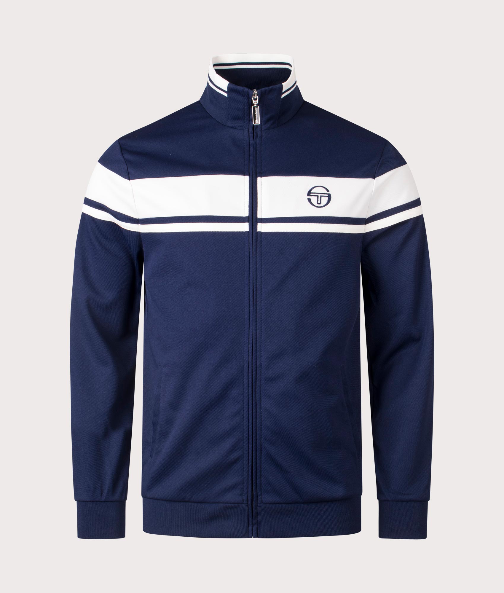 Sergio Tacchini Damarindo Track Top in Maritime Blue/Gardenia/Maritime Blue. Shot at EQVVS.  Front shot