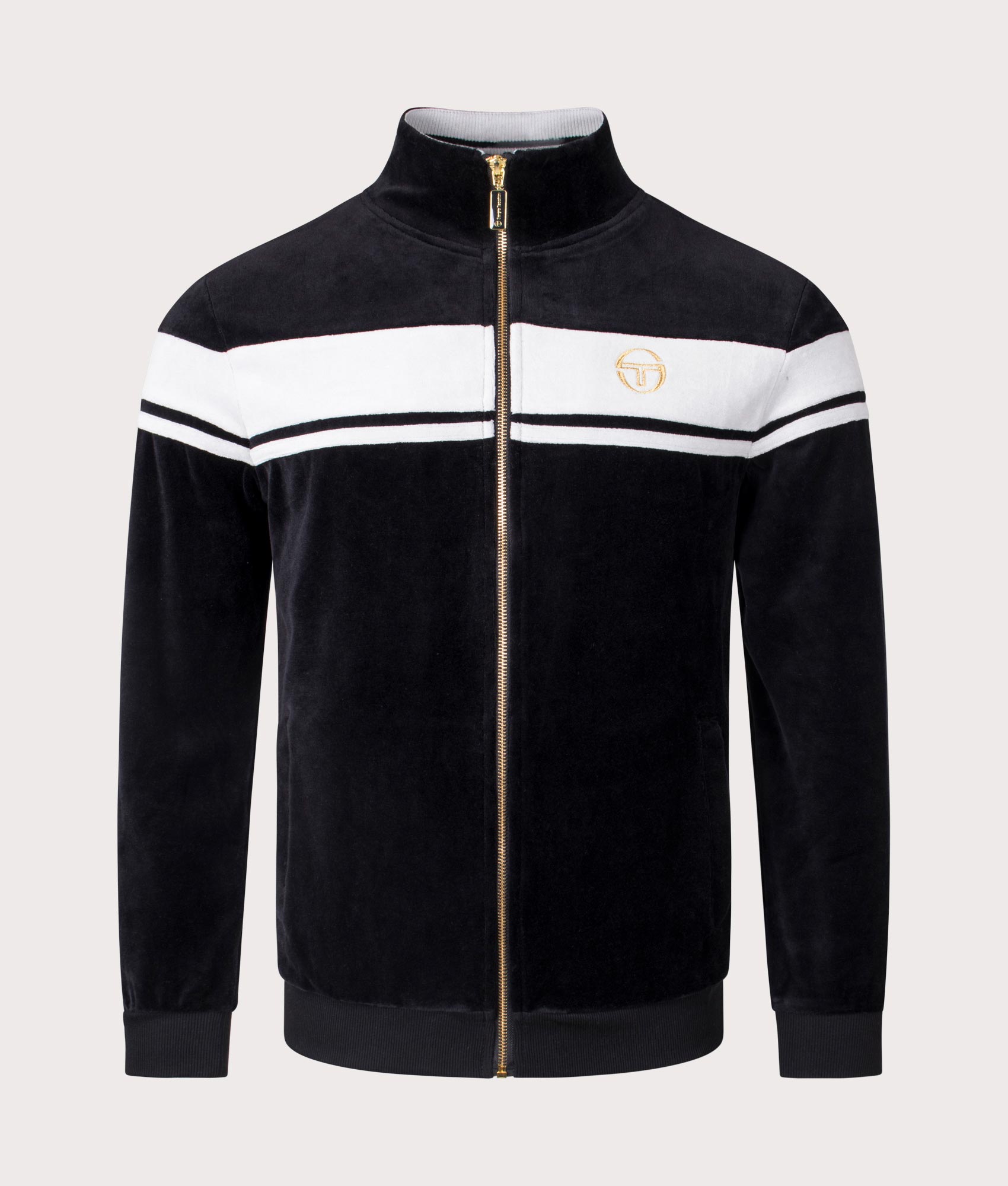 Sergio Tacchini Damarind Vel Velour Track Top in 106 Black. Shot at EQVVS. Front shot