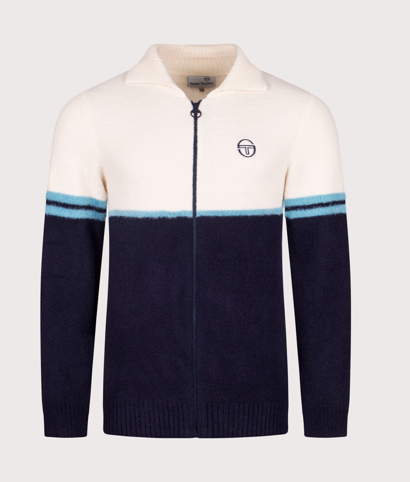 Orion Brushed Knit Track Top in Gardenia/Milky Blue/Maritime Blue | 100% Nylon | Sergio Tacchini | EQVVS | Front shot 