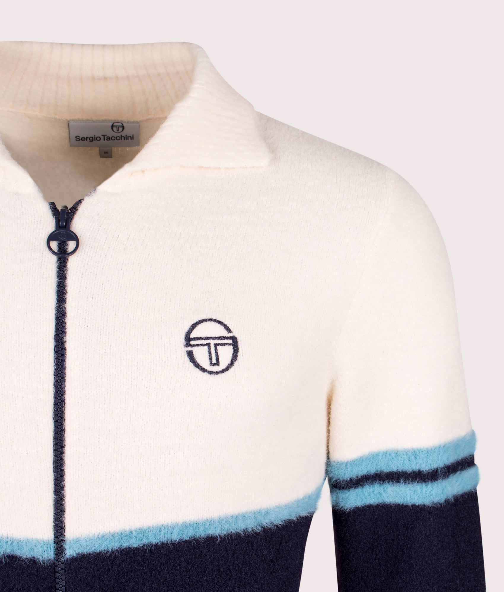 Orion Brushed Knit Track Top in Gardenia/Milky Blue/Maritime Blue | 100% Nylon | Sergio Tacchini | EQVVS | Front detail shot 