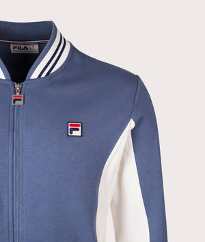 FILA Settanta Baseball Track Jacket in Vintage Indigo/Gardenia/Fila Navy at EQVVS Menswear. Detail shot.