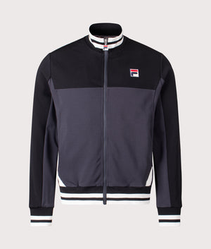 Tiebraker Funnel Neck Track Jacket by FILA in Black/Charcoal/Gardenia. Shot by EQVVS. Front shot.