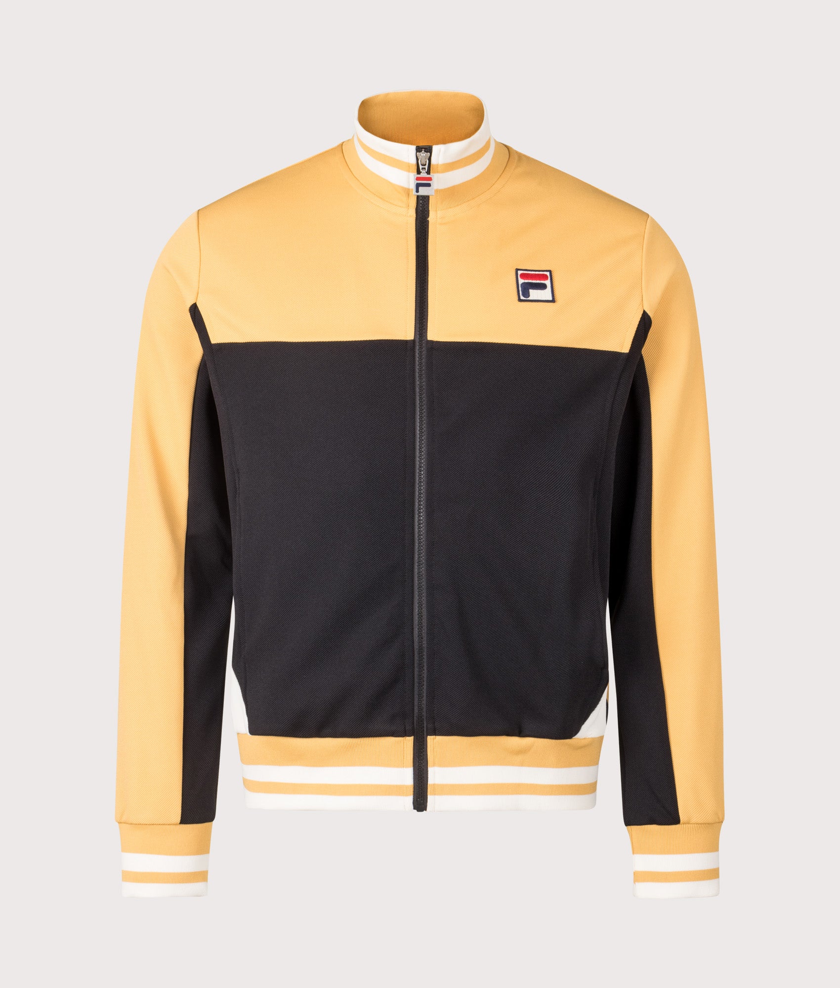 Tiebraker Funnel Neck Track Jacket by Fila in Oak Buff/Black/Gardenia. Shot by EQVVS. Front shot.