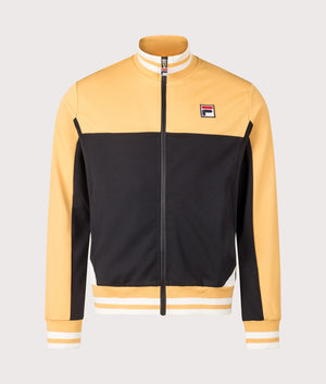Tiebraker Funnel Neck Track Jacket by Fila in Oak Buff/Black/Gardenia. Shot by EQVVS. Front shot.