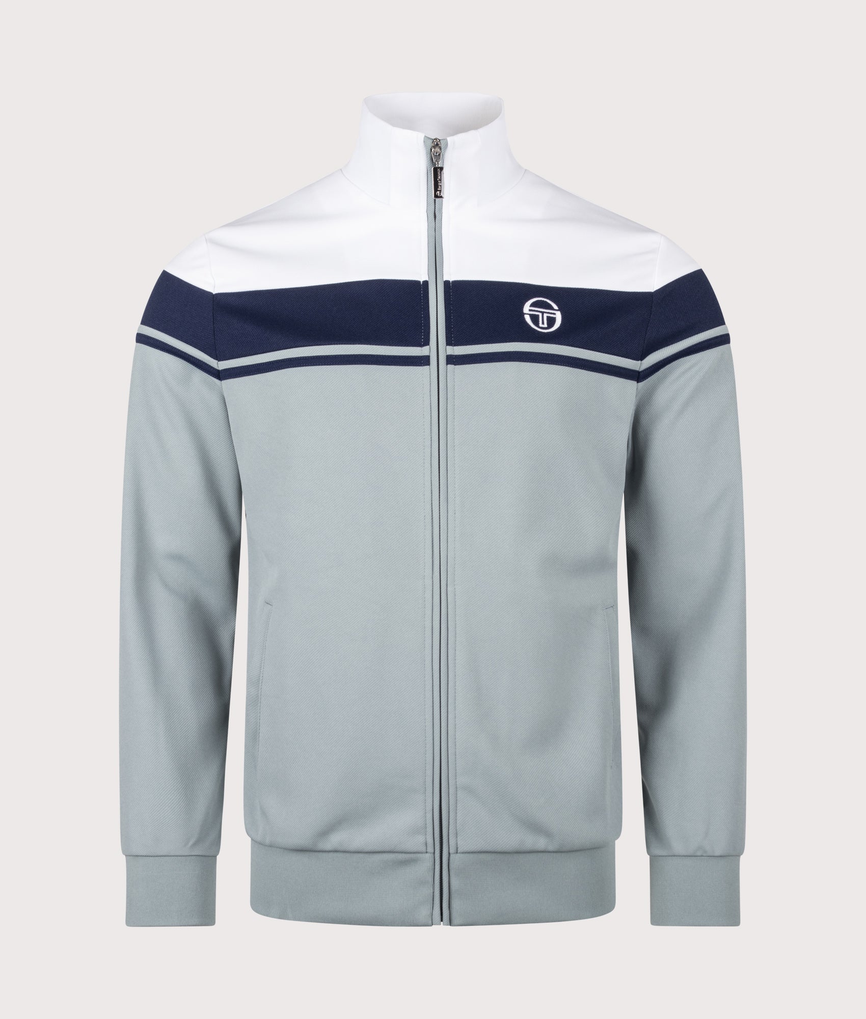 Damarindo Track Top in White/Maritime Blue/Lead by Sergio Tachinni. Shot by EQVVS. Front Shot,