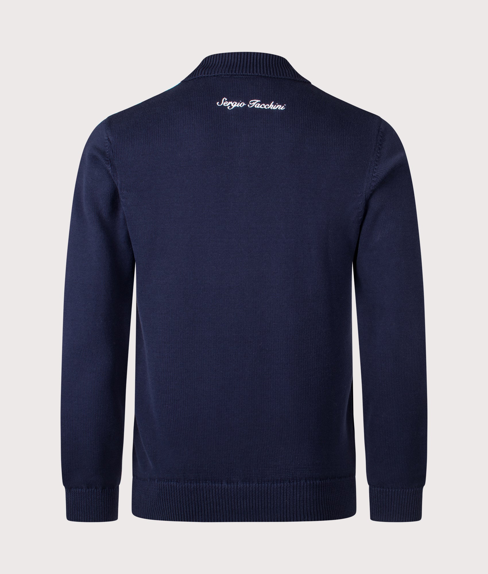 Sergio Tacchini Cipri Knit Cardigan in Maritime Blue and Gardenia at EQVVS Menswear. Back shot.