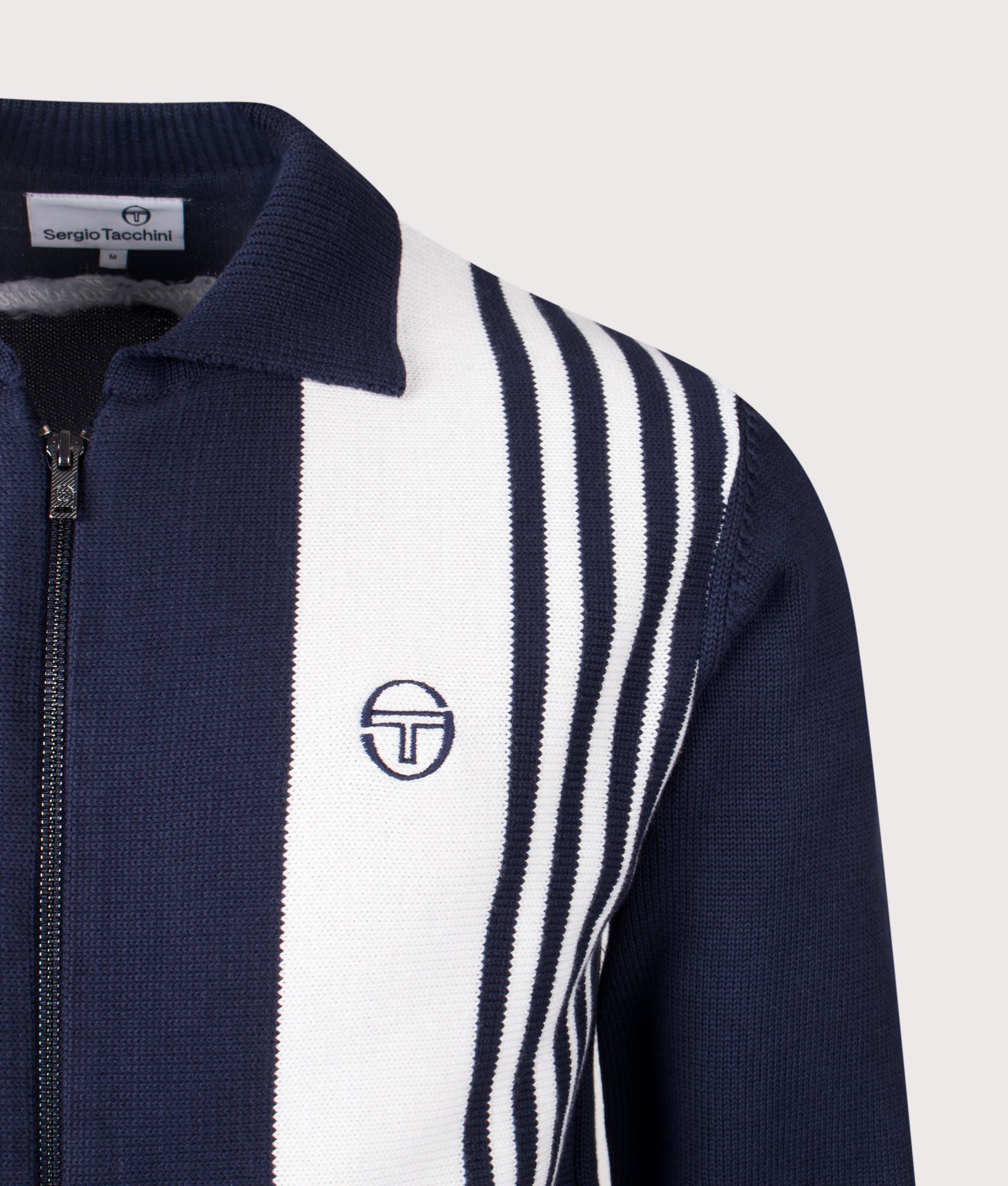 Sergio Tacchini Cipri Knit Cardigan in Maritime Blue and Gardenia at EQVVS Menswear. Detail shot.