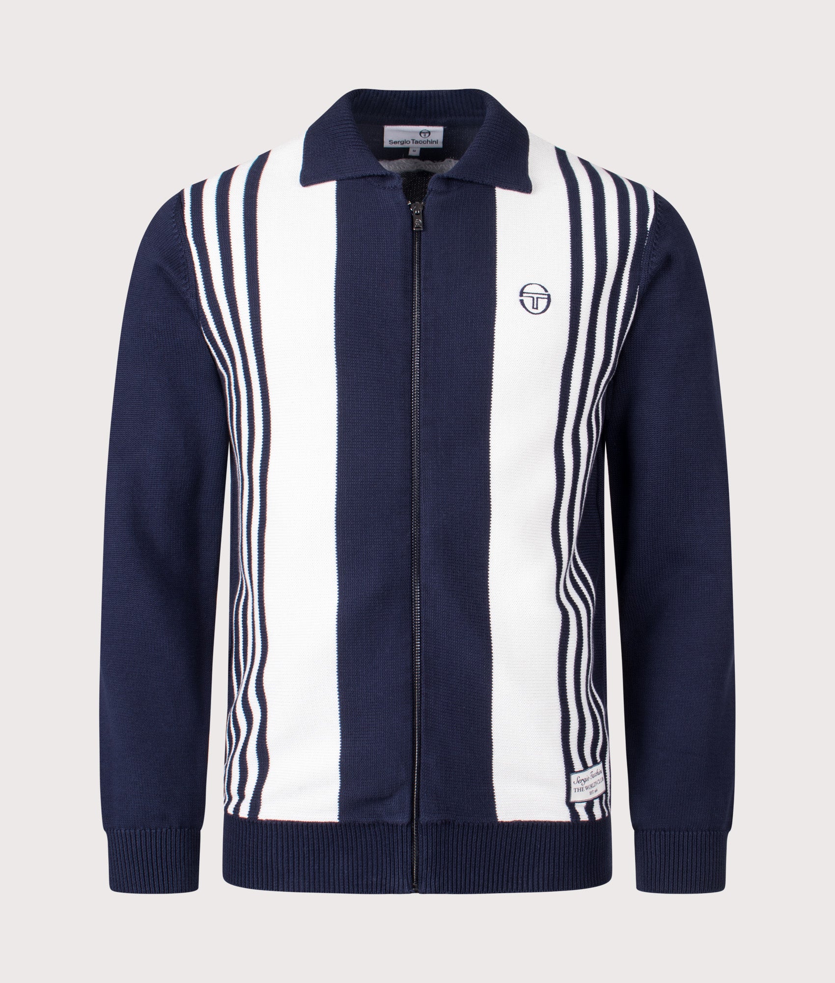 Sergio Tacchini Cipri Knit Cardigan in Maritime Blue and Gardenia at EQVVS Menswear. Front shot.