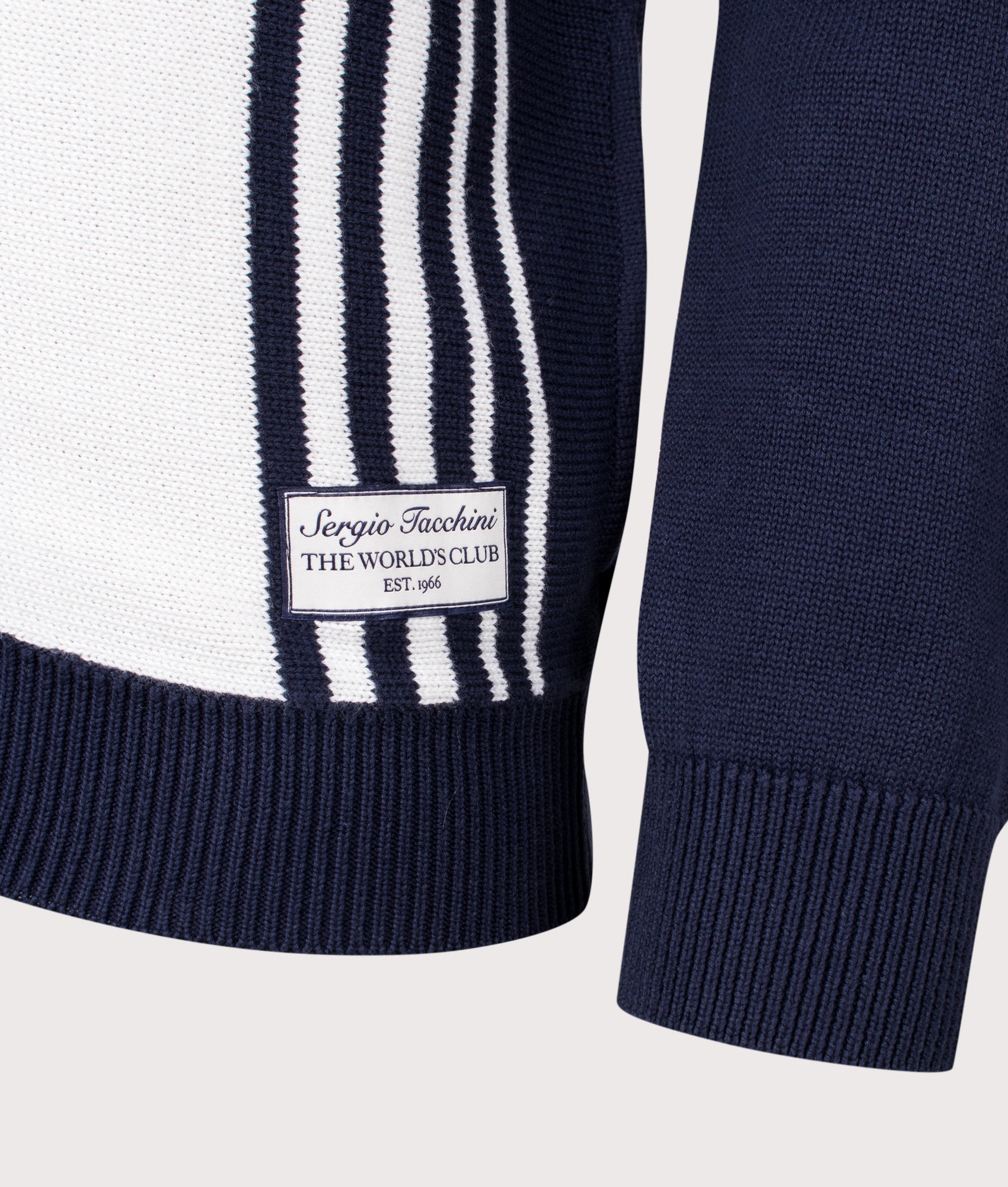 Sergio Tacchini Cipri Knit Cardigan in Maritime Blue and Gardenia at EQVVS Menswear. Hem detail shot.