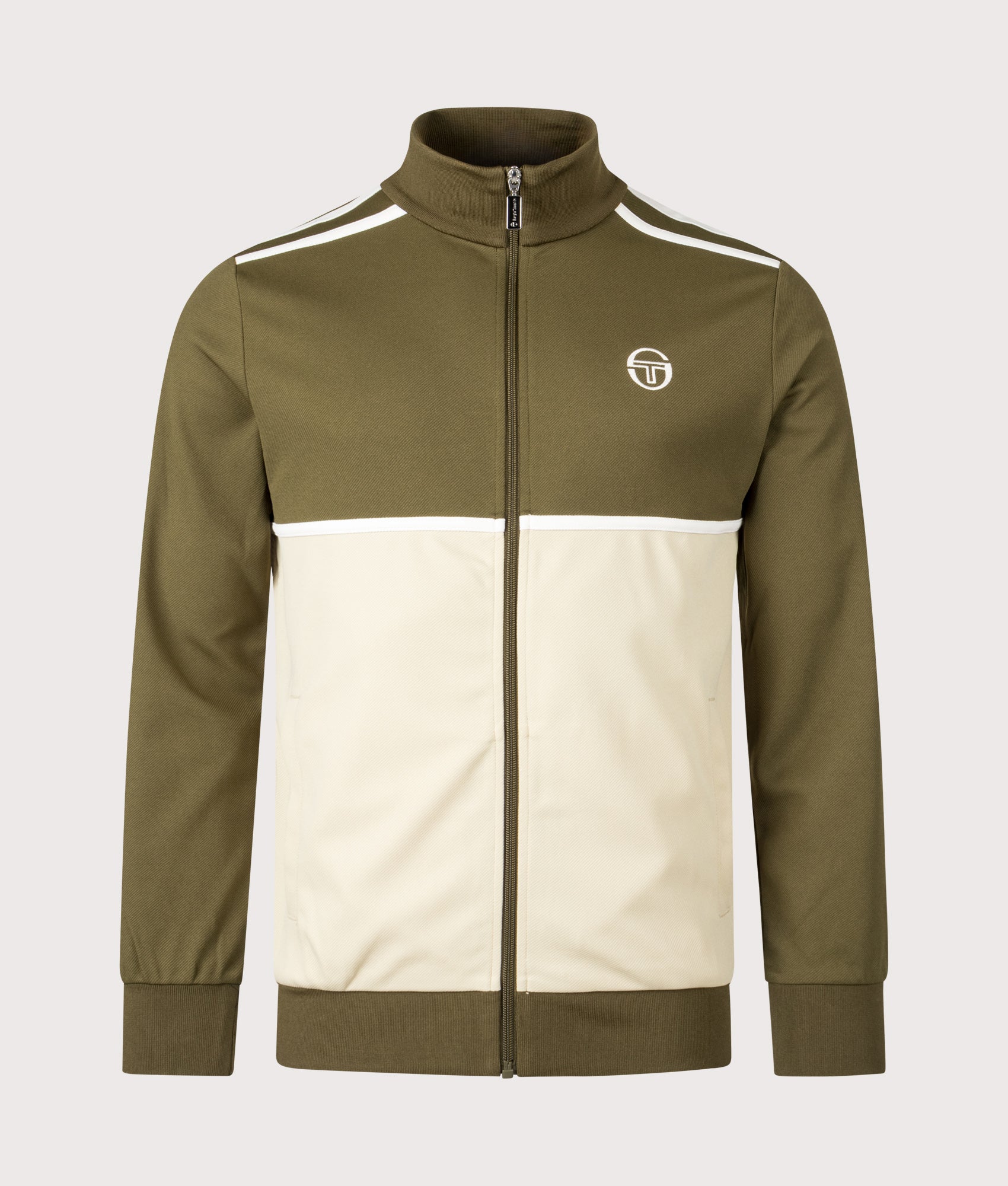 Sergio Tacchini Locchi Track Top in Dark Olive, Mojave Desert and Gardenia at EQVVS Menswear. Front shot.