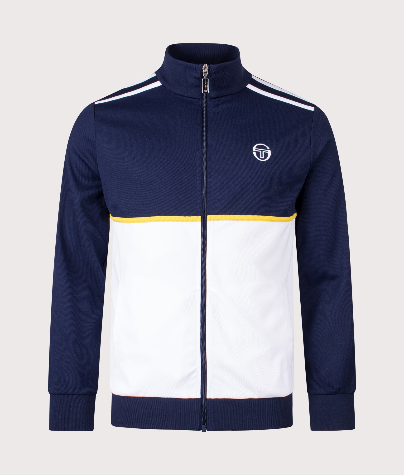 Sergio Tacchini Locchi Track Top in Maritime Blue, White and Mango Mint at EQVVS Menswear. Front shot.