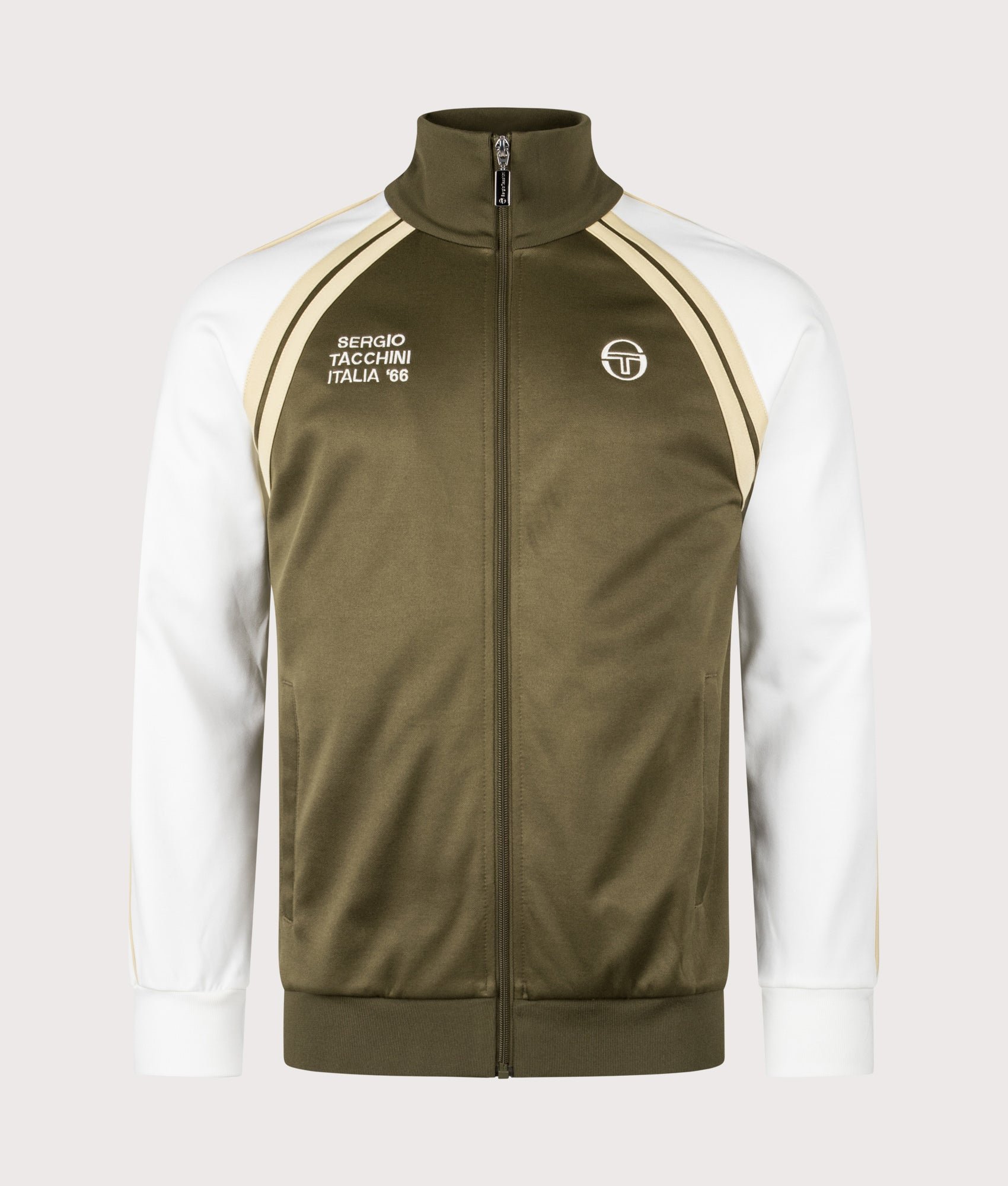 Sergio Tacchini Ghibli Davis Track Top in Dark Olive, Gardenia and Mojave Desert at EQVVS Menswear. Front shot.