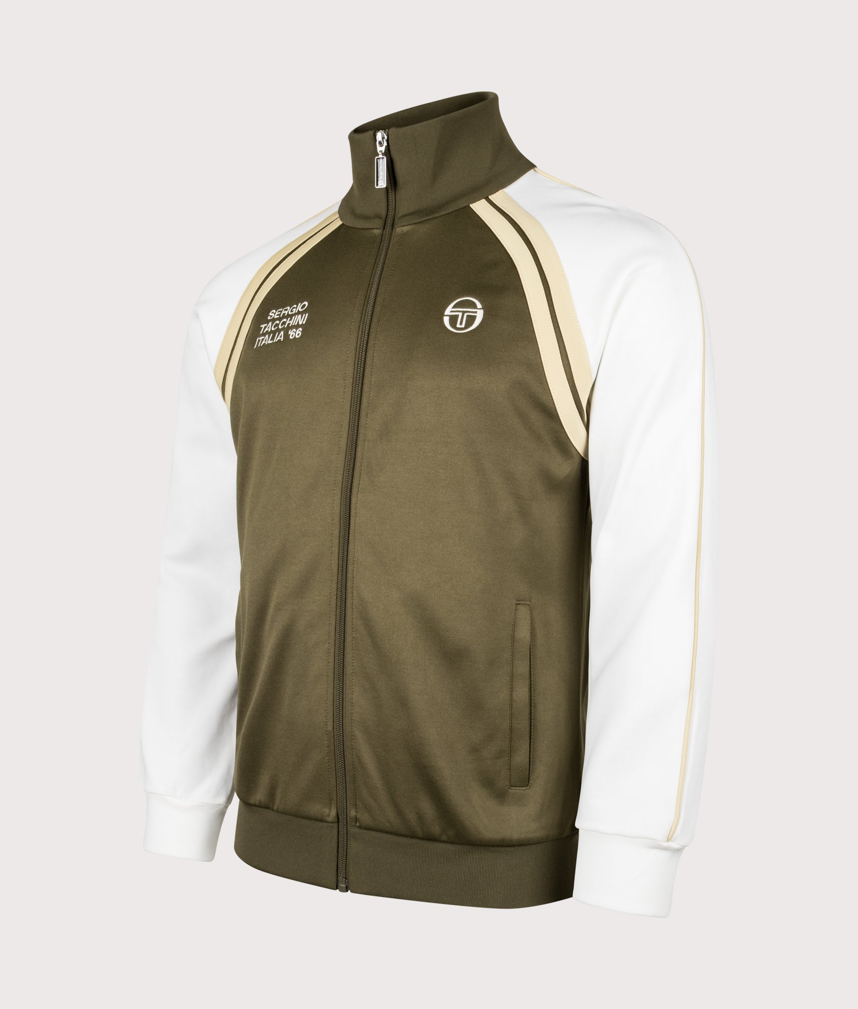 Sergio Tacchini Ghibli Davis Track Top in Dark Olive, Gardenia and Mojave Desert at EQVVS Menswear. Angled front shot.
