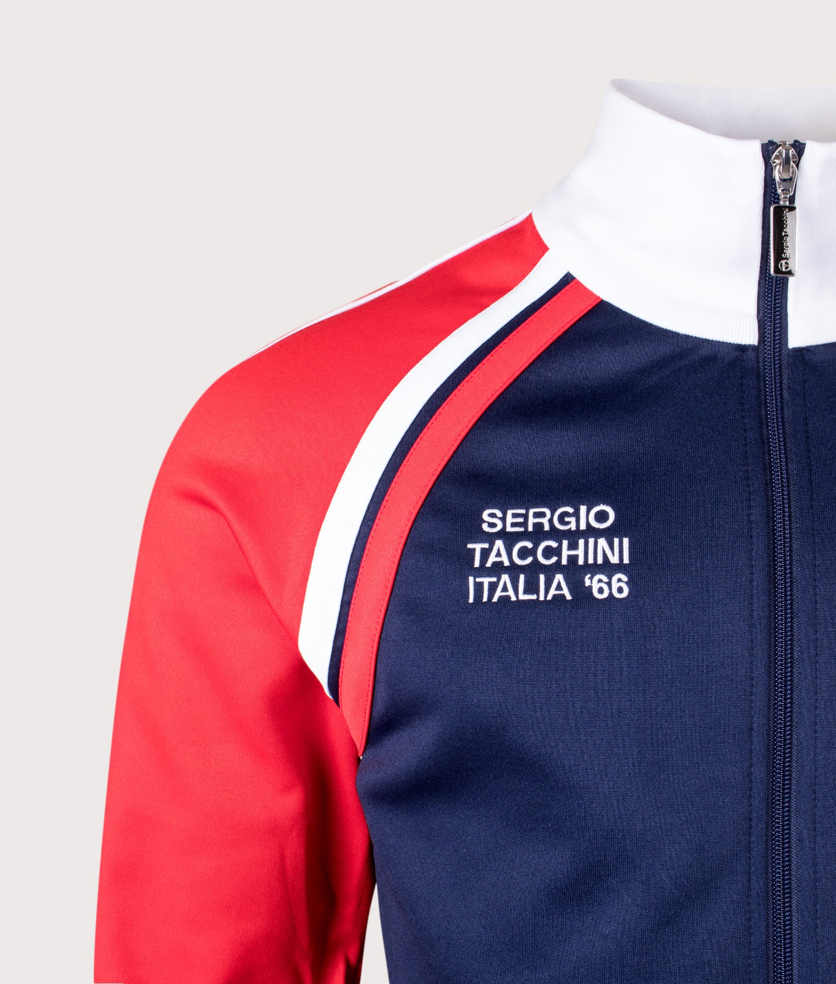 Sergio Tacchini Ghibli Davis Track Top in Maritime Blue, Adrenaline Rush and White at EQVVS Menswear. Second detail shot.