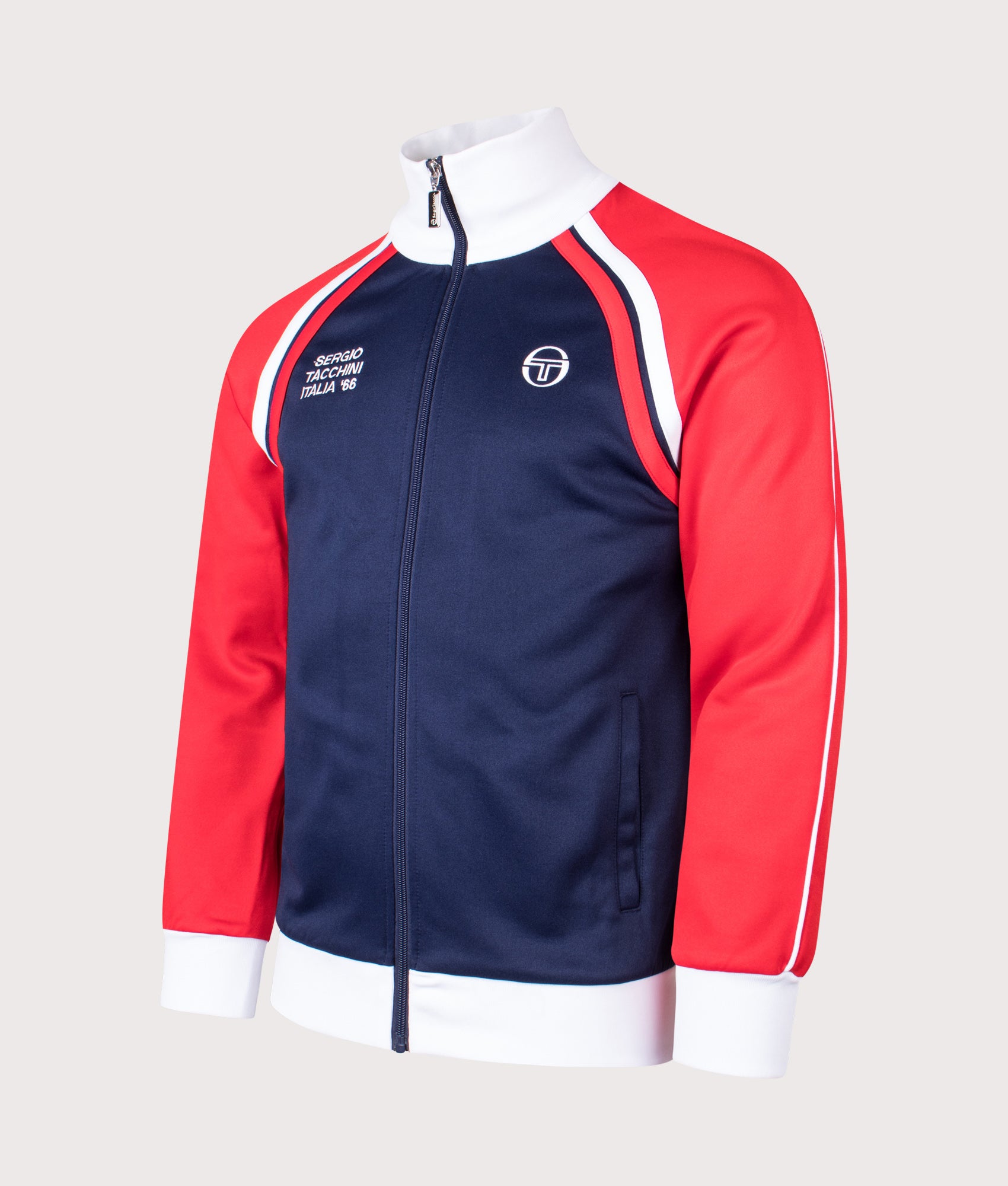 Sergio Tacchini Ghibli Davis Track Top in Maritime Blue, Adrenaline Rush and White at EQVVS Menswear. Angled front shot.