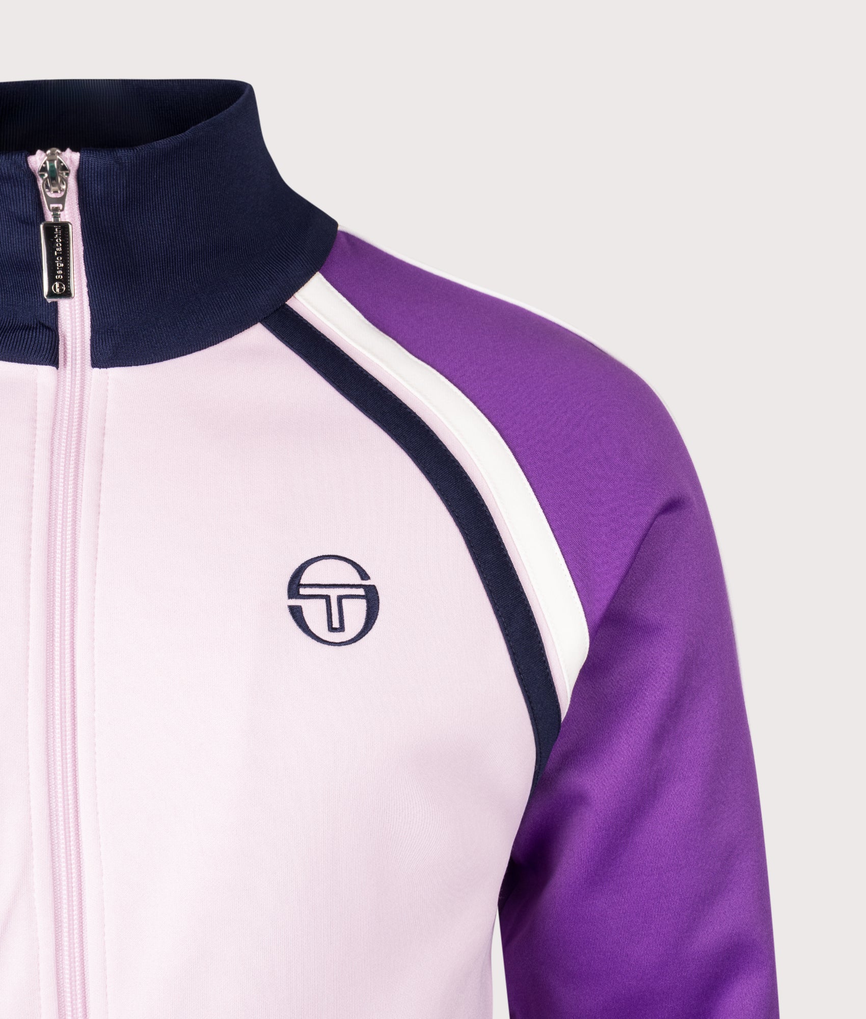 Sergio Tacchini Ghibli Davis Track Top in Light Lilac, Pansy and Maritime Blue at EQVVS Menswear. Detail one shot.