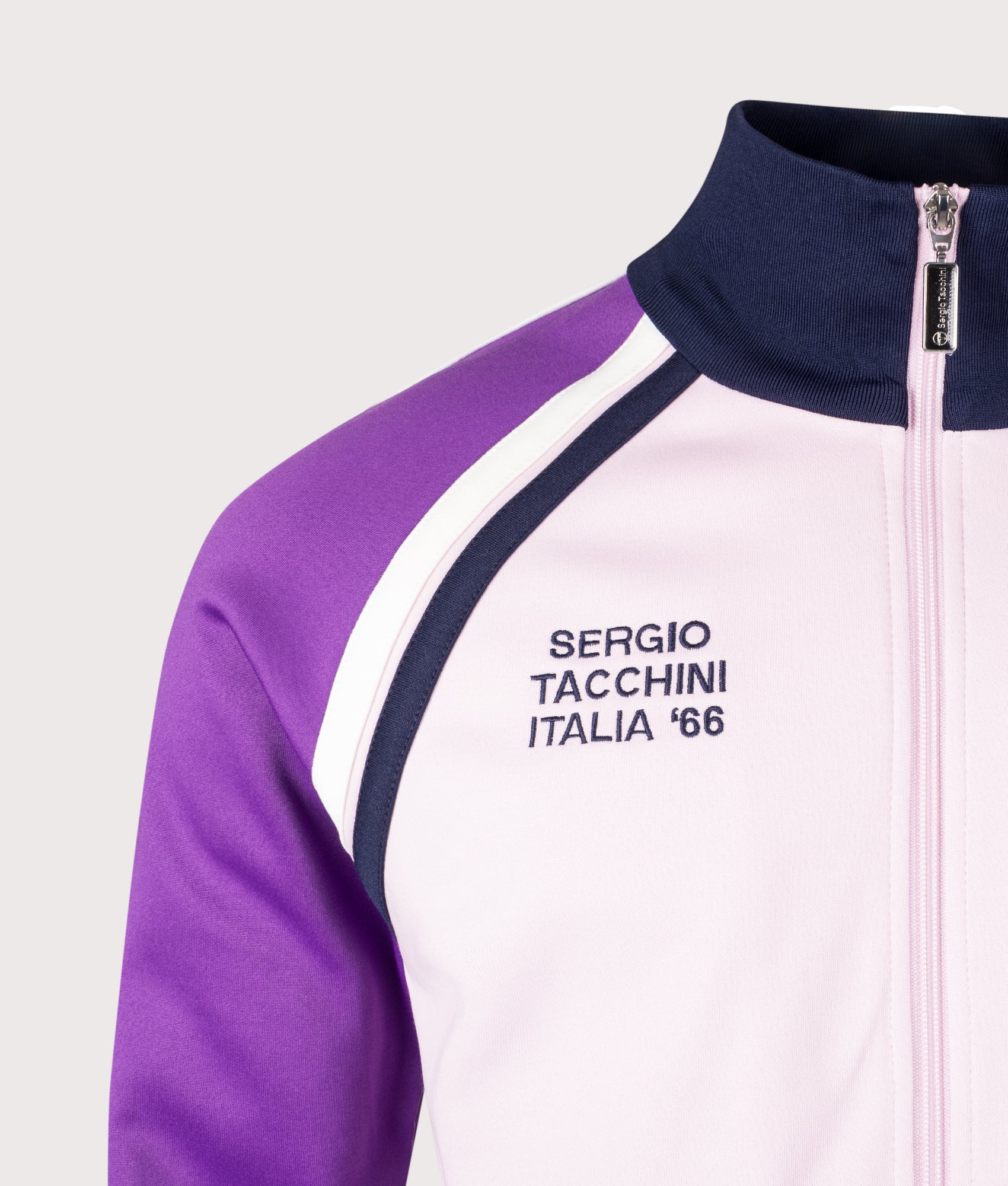 Sergio Tacchini Ghibli Davis Track Top in Light Lilac, Pansy and Maritime Blue at EQVVS Menswear. Second detail shot.