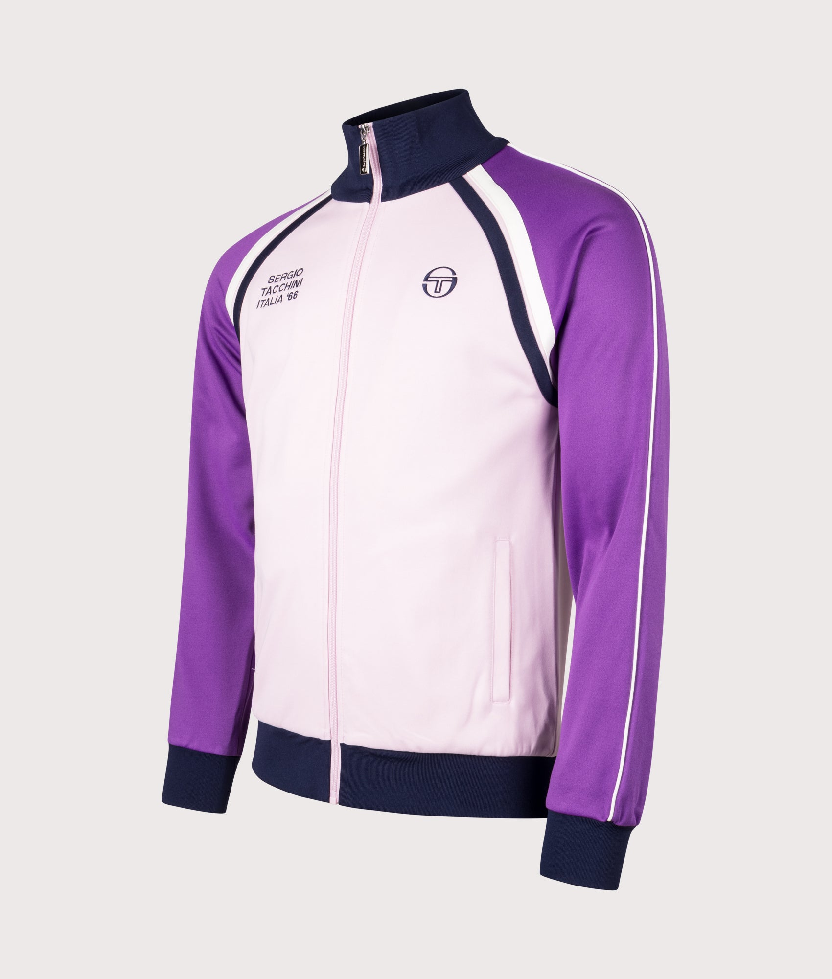 Sergio Tacchini Ghibli Davis Track Top in Light Lilac, Pansy and Maritime Blue at EQVVS Menswear. Angled front shot.
