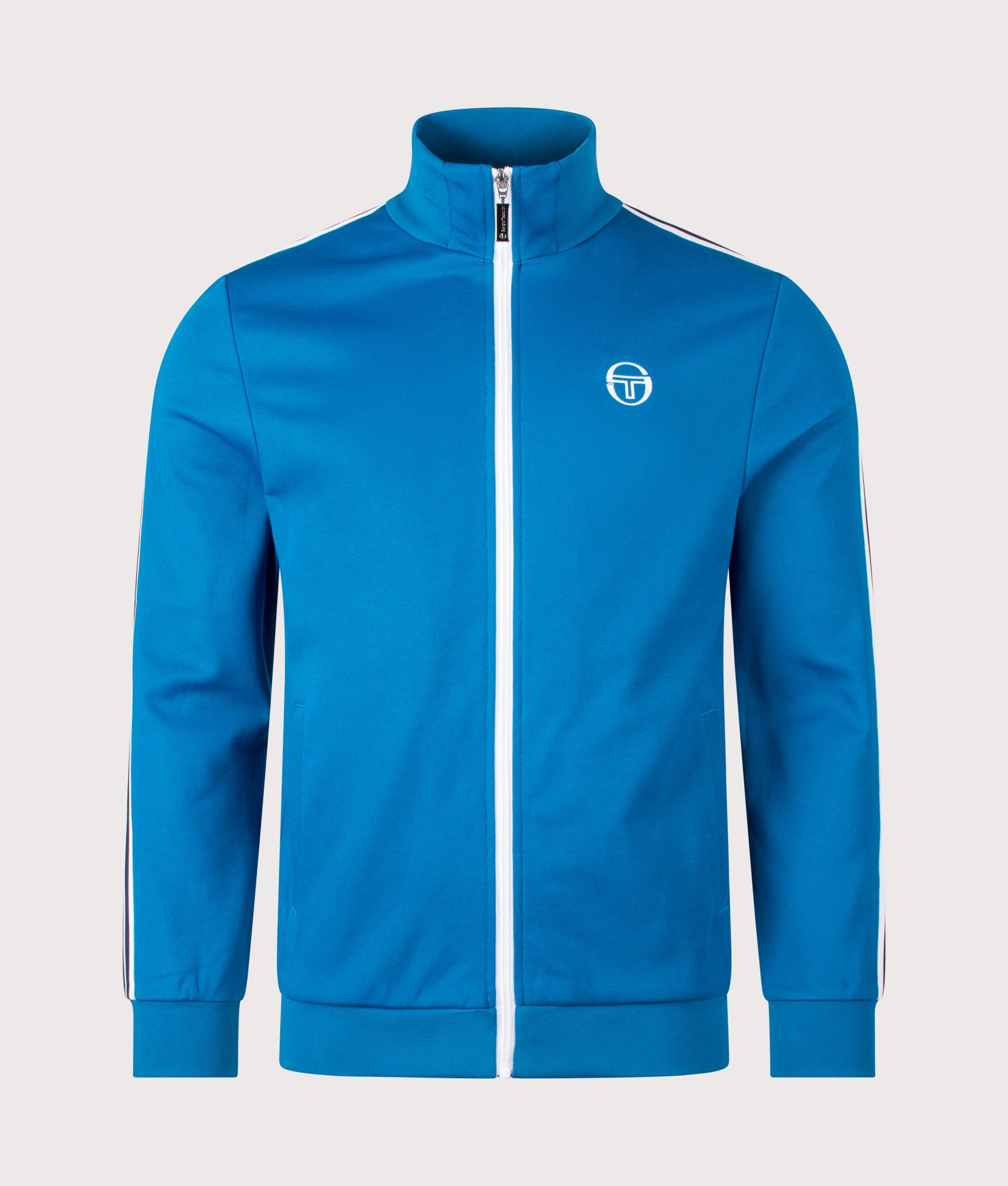 Sergio Tacchini New Cortana Track Top in Mykonos Blue and White at EQVVS Menswear. Front shot.