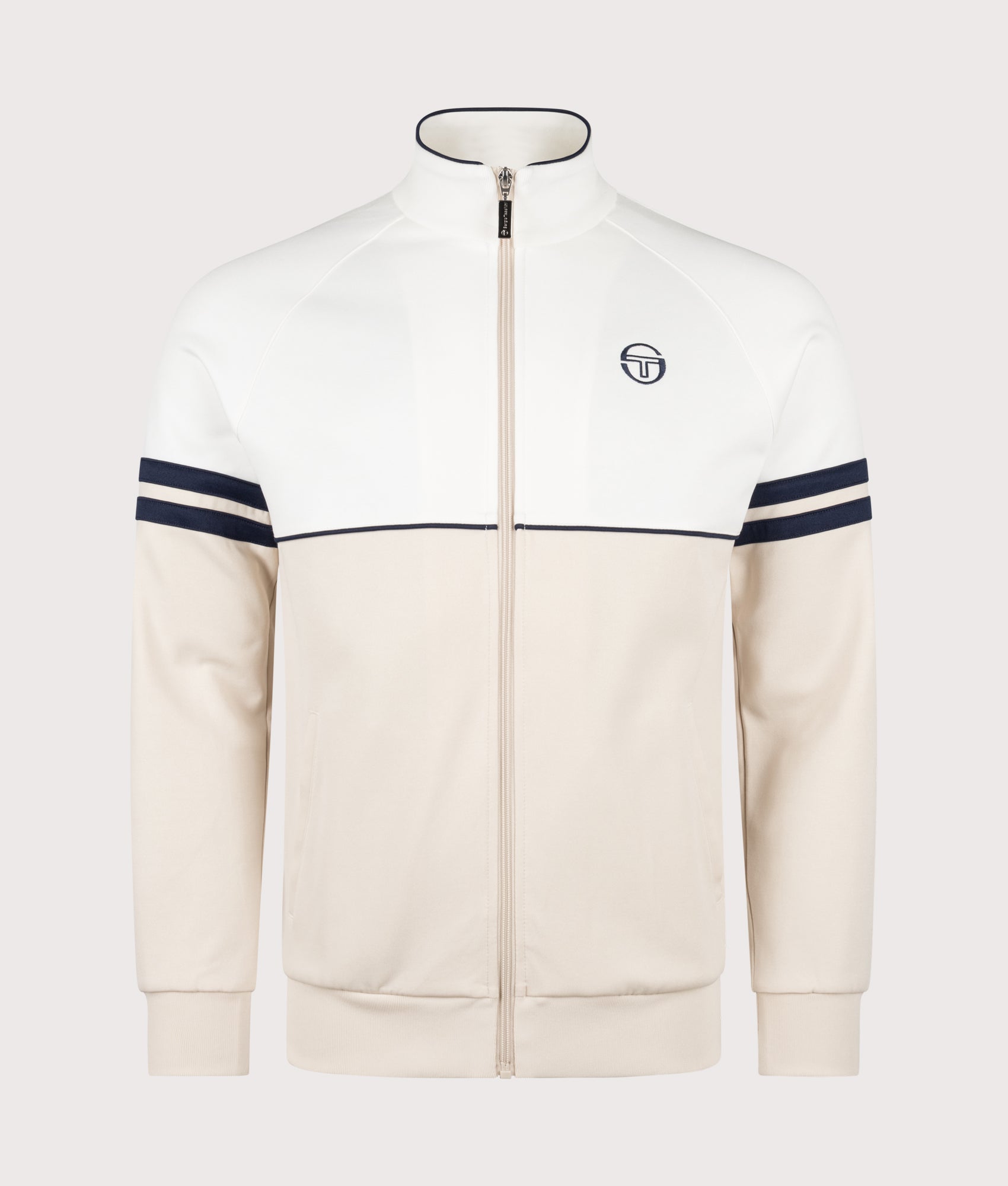 Sergio Tacchini Orion Track Top in Gardenia, Sandshell and Maritime Blue at EQVVS Menswear. Front shot.