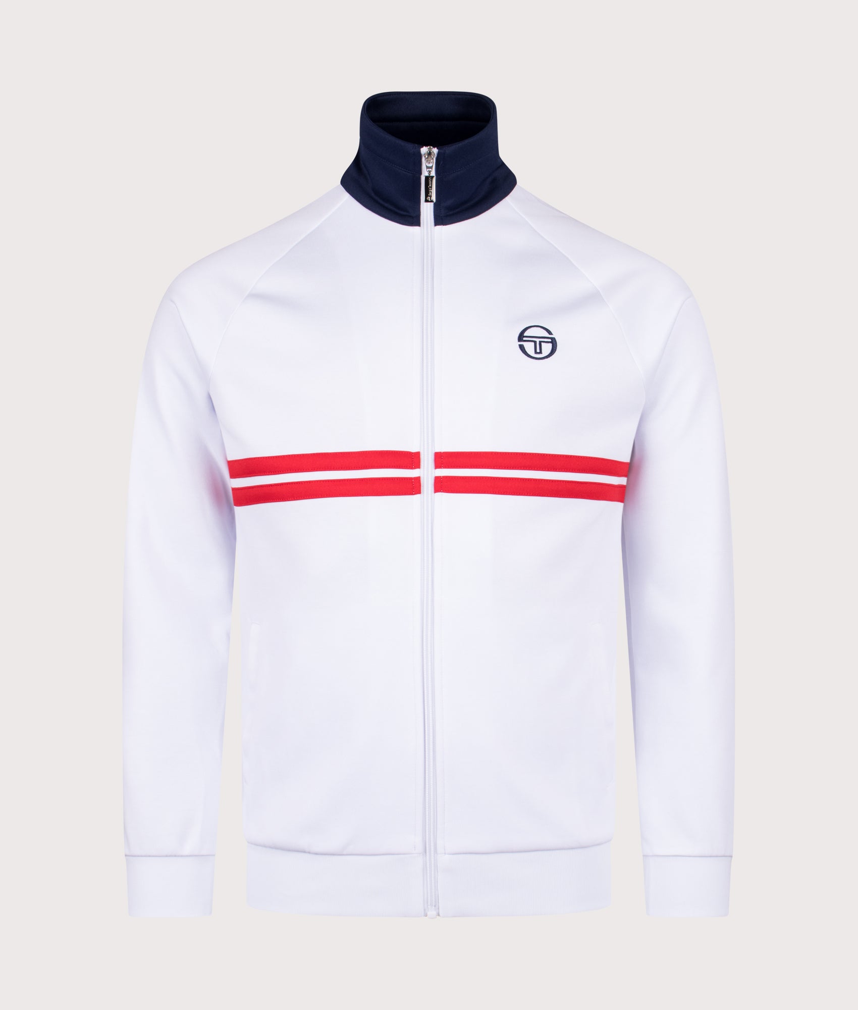Sergio Tacchini Dallas Track Top in White, Maritime Blue and Adrenaline Rush at EQVVS Menswear. Front shot.