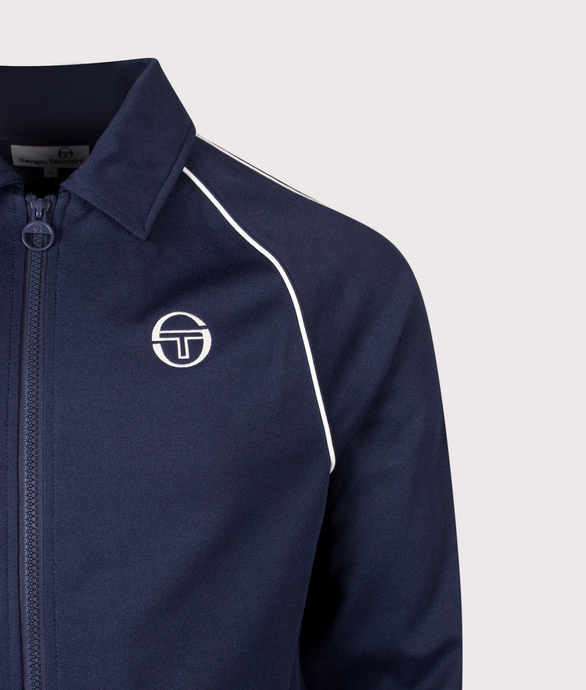 Sergio Tacchini Slim Fit Sarto Track Top in Maritime Blue at EQVVS Menswear. Detail shot.