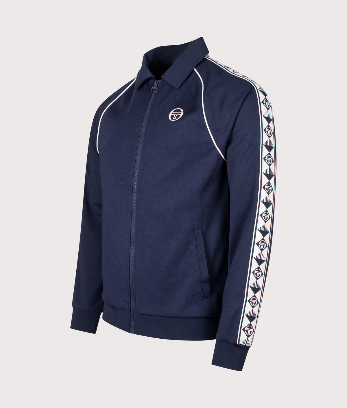 Sergio Tacchini Slim Fit Sarto Track Top in Maritime Blue at EQVVS Menswear. Angled front shot.