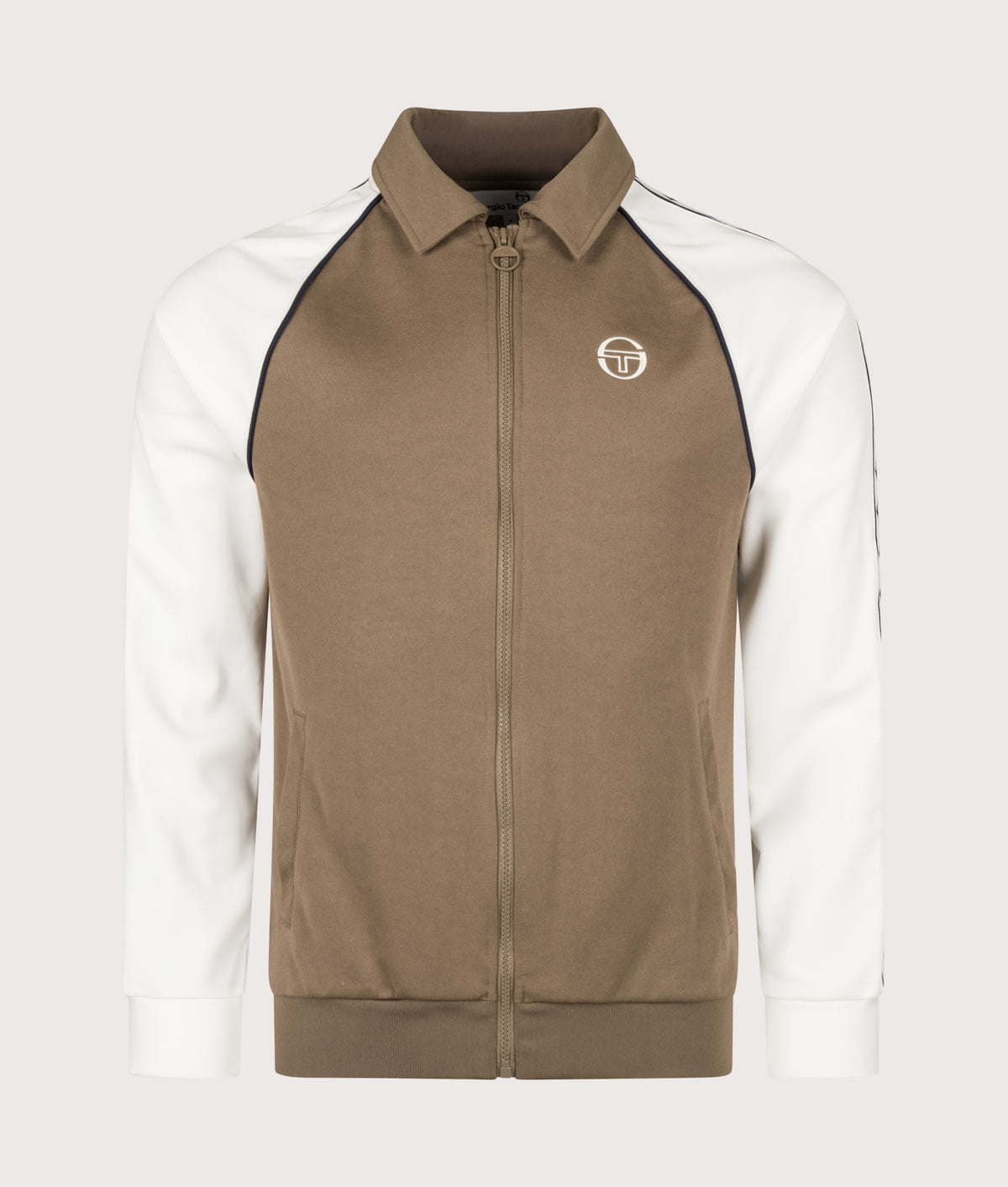 Sergio Tacchini Slim Fit Sarto Track Top in Shitake/Gardenia at EQVVS Menswear. Front shot.