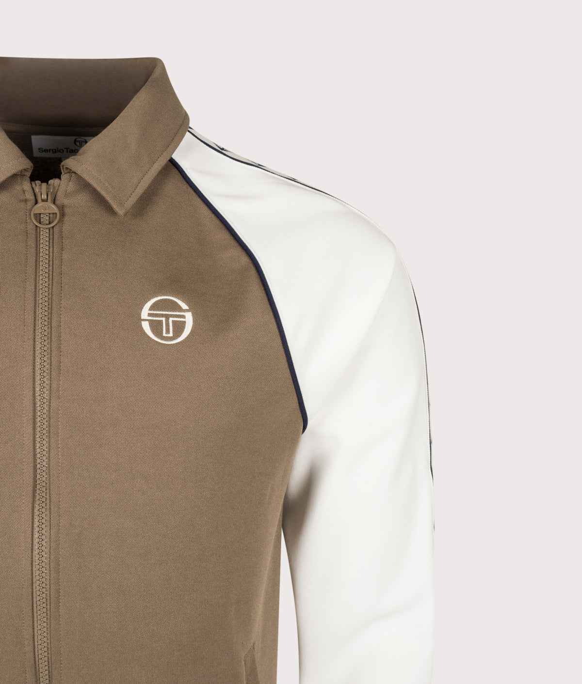 Sergio Tacchini Slim Fit Sarto Track Top in Shitake/Gardenia at EQVVS Menswear. Detail shot.