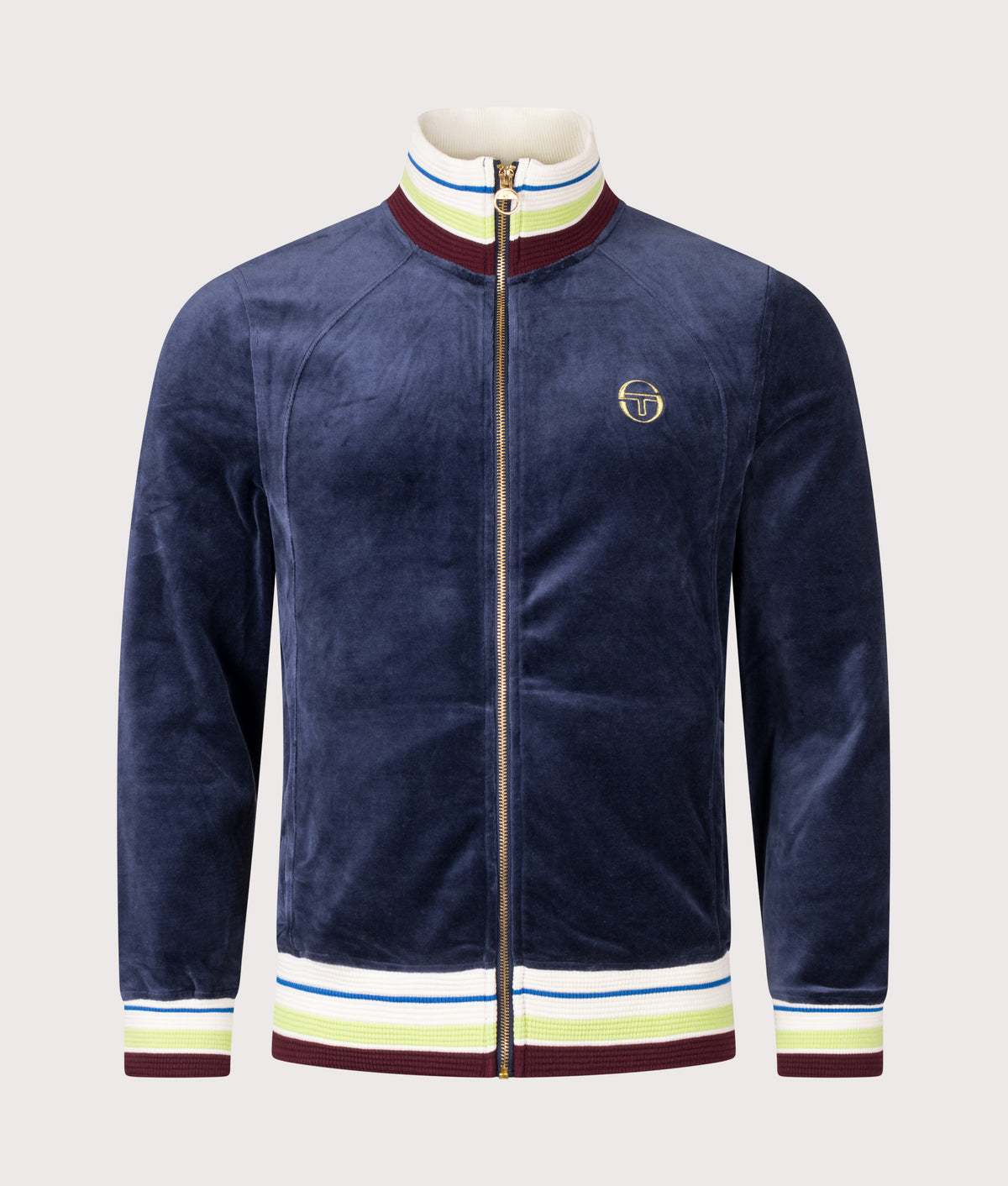 Sergio Tacchini Slim Fit Velour Sartori Track Jacket in Maritime Blue at EQVVS Menswear. Front shot.