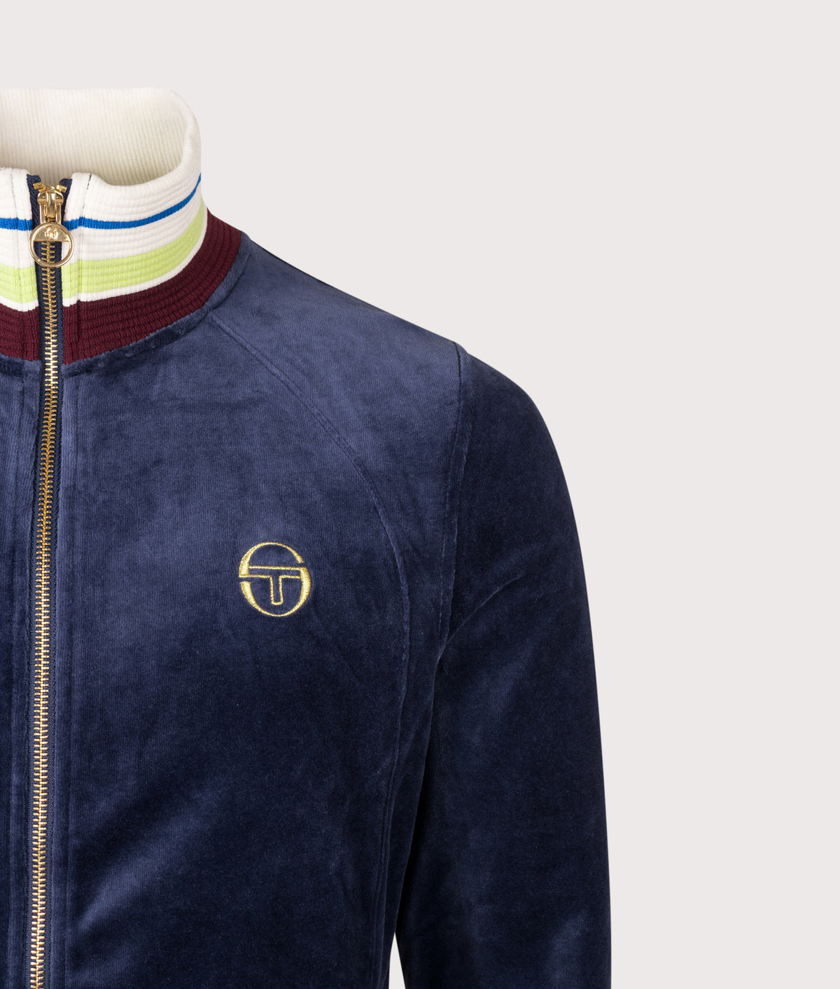 Sergio Tacchini Slim Fit Velour Sartori Track Jacket in Maritime Blue at EQVVS Menswear. Detail shot.