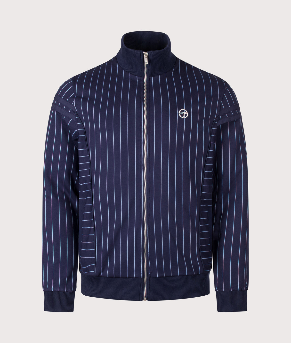 Sergio Tacchini Regular Fit Fjord Pinstripe Track Top in Maritime Blue and Country Blue at EQVVS Menswear. Front shot.