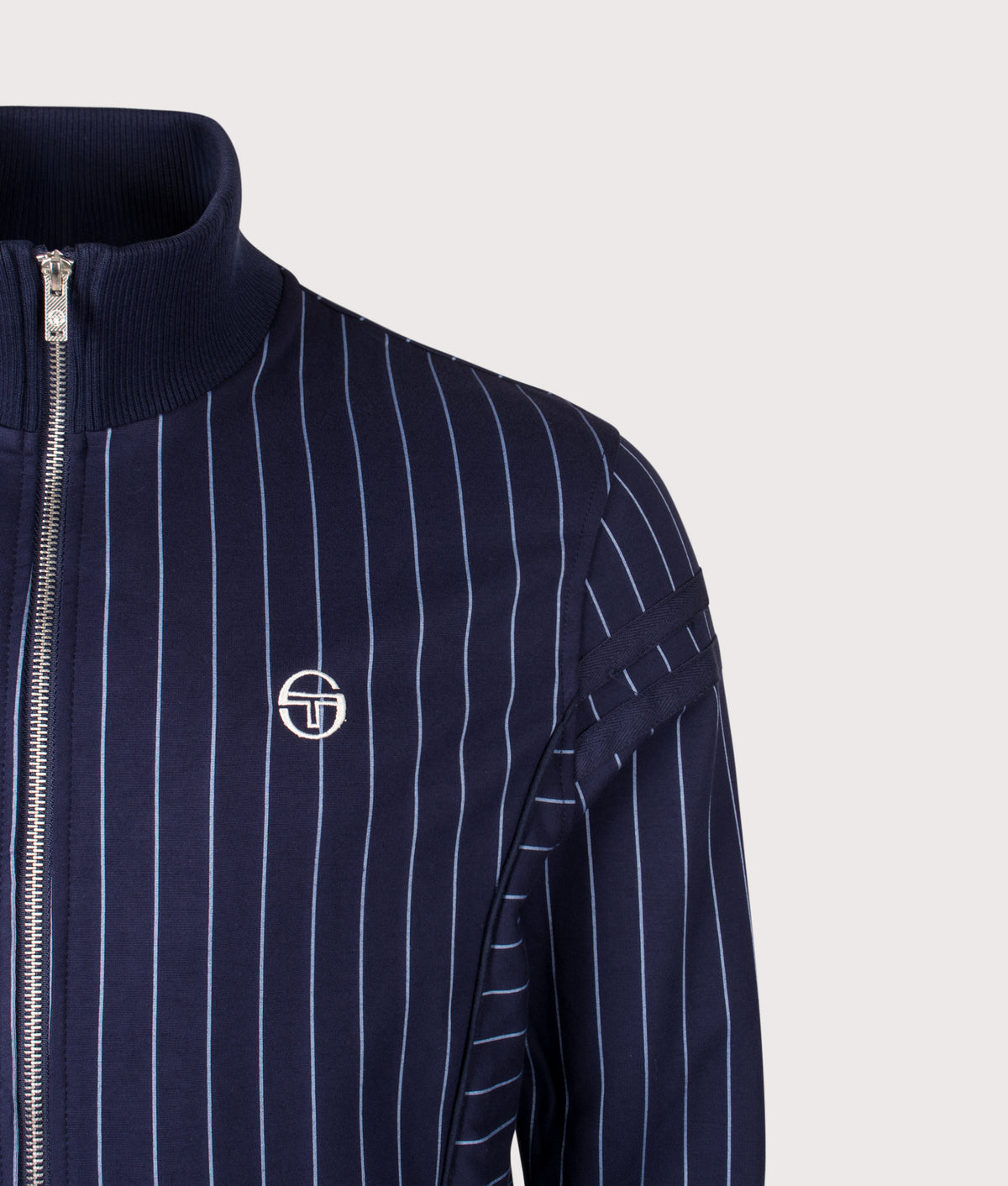 Sergio Tacchini Regular Fit Fjord Pinstripe Track Top in Maritime Blue and Country Blue at EQVVS Menswear. Detail shot.