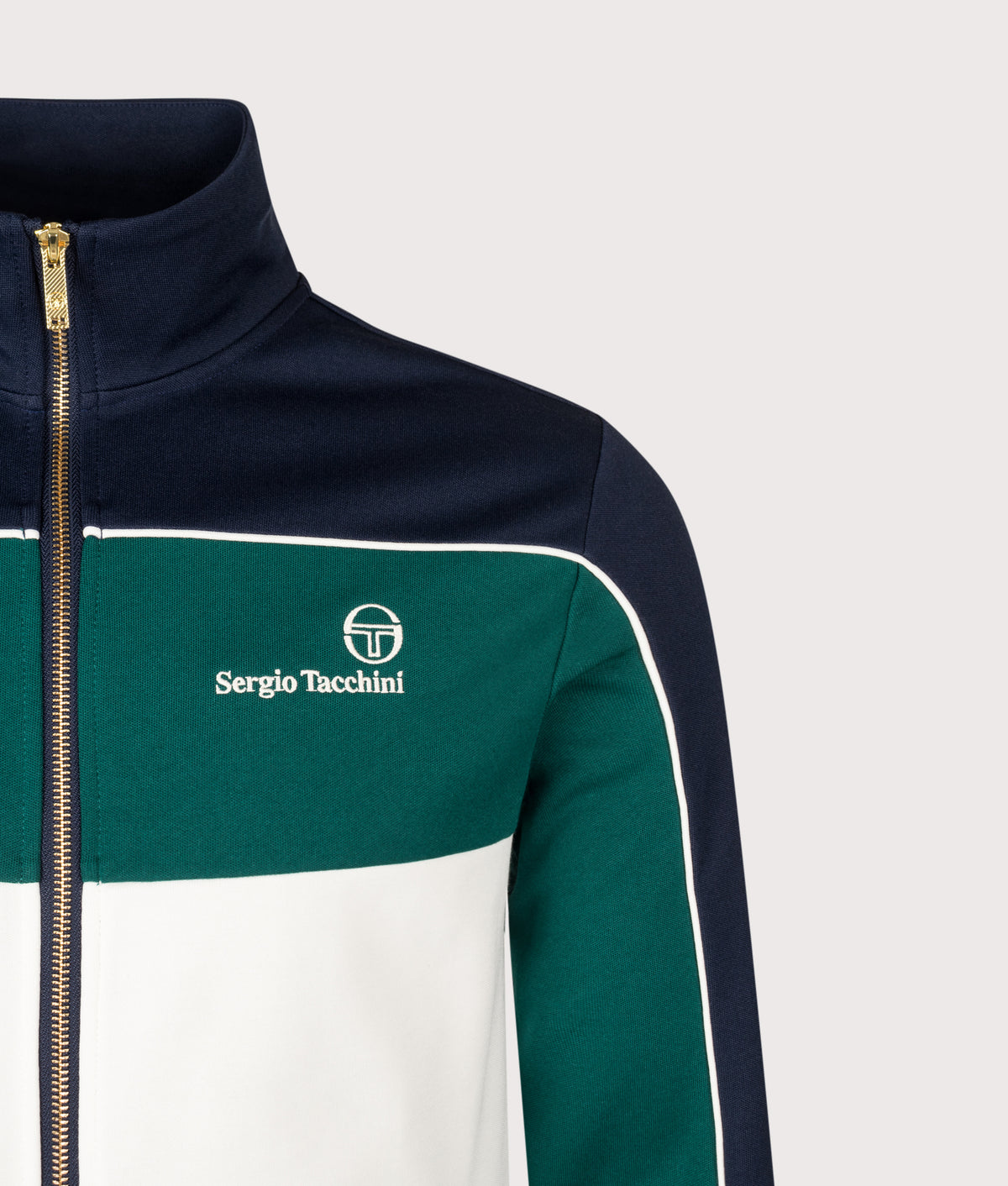 Sergio Tacchini Regular Fit Spiga Track Top in Maritime Blue, Deep Teal and Gardenia at EQVVS Menswear. Detail shot.