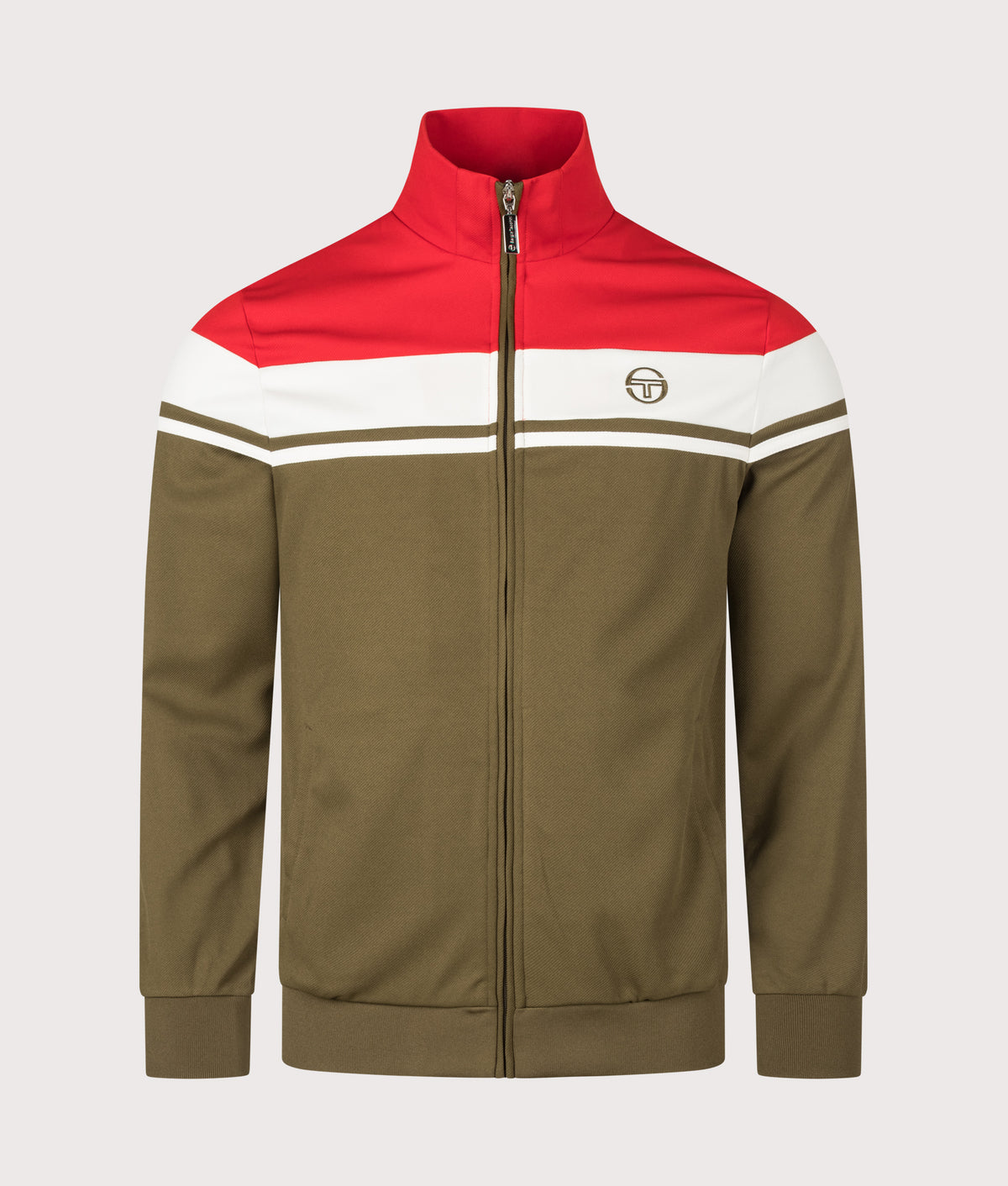 Sergio Tacchini Damarindo Track Top in Adrenaline Rush, Gardenia and Dark Olive at EQVVS Menswear. Front shot.