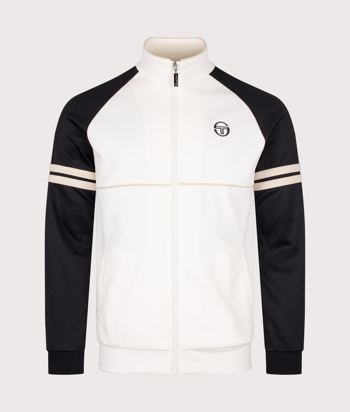 Sergio Tacchini Slim Fit Orion Track Top in Gardenia, Black and Peyote at EQVVS Menswear. Front shot.