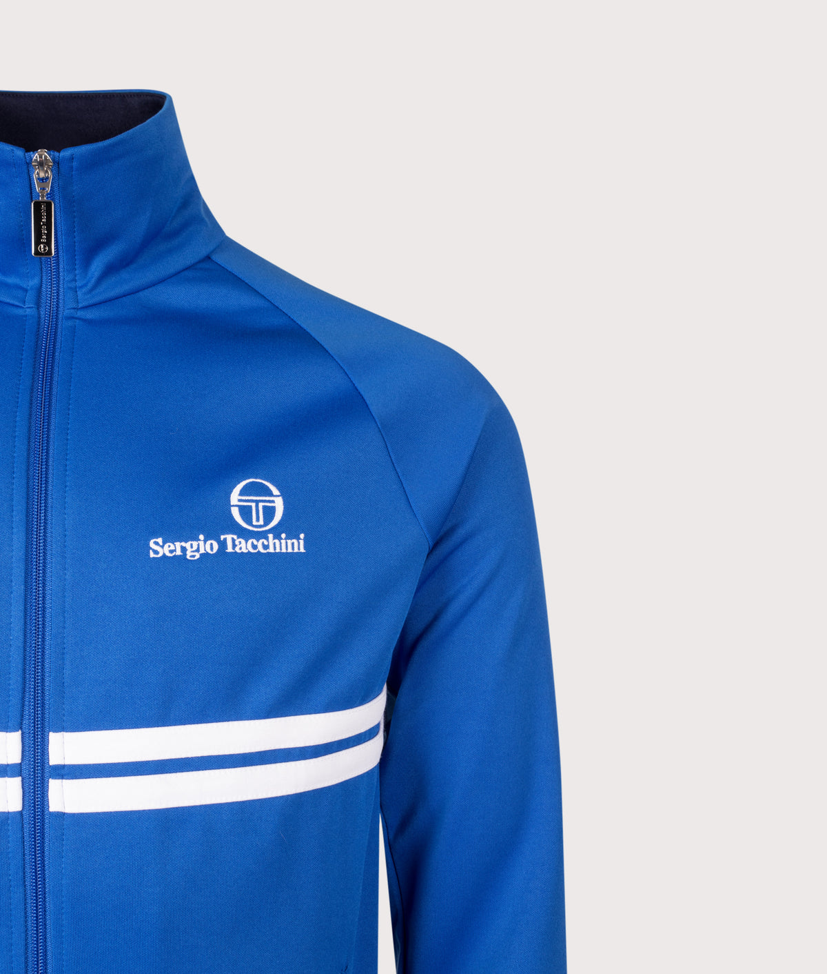Sergio Tacchini New Dallas Track Top in Princess Blue, White and Maritime Blue at EQVVS Menswear. Detail shot.