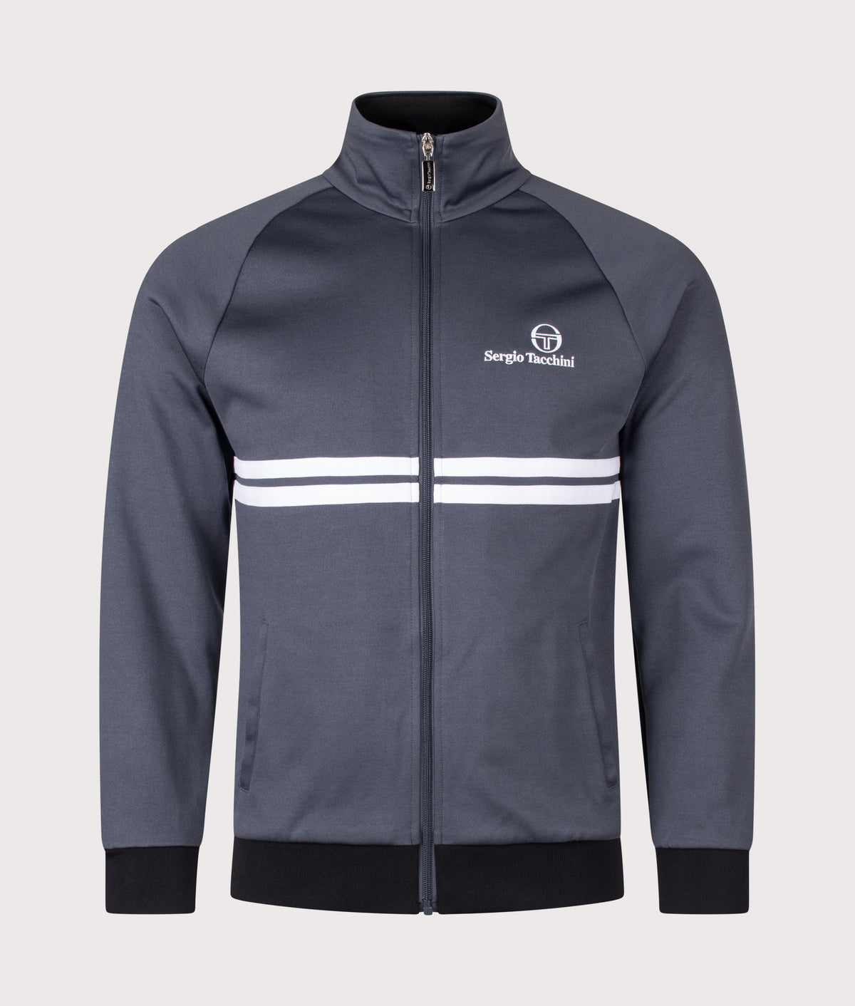 Sergio Tacchini Slim Fit New Dallas Track Top in Turbulence, White and Black at EQVVS Menswear. Front shot.