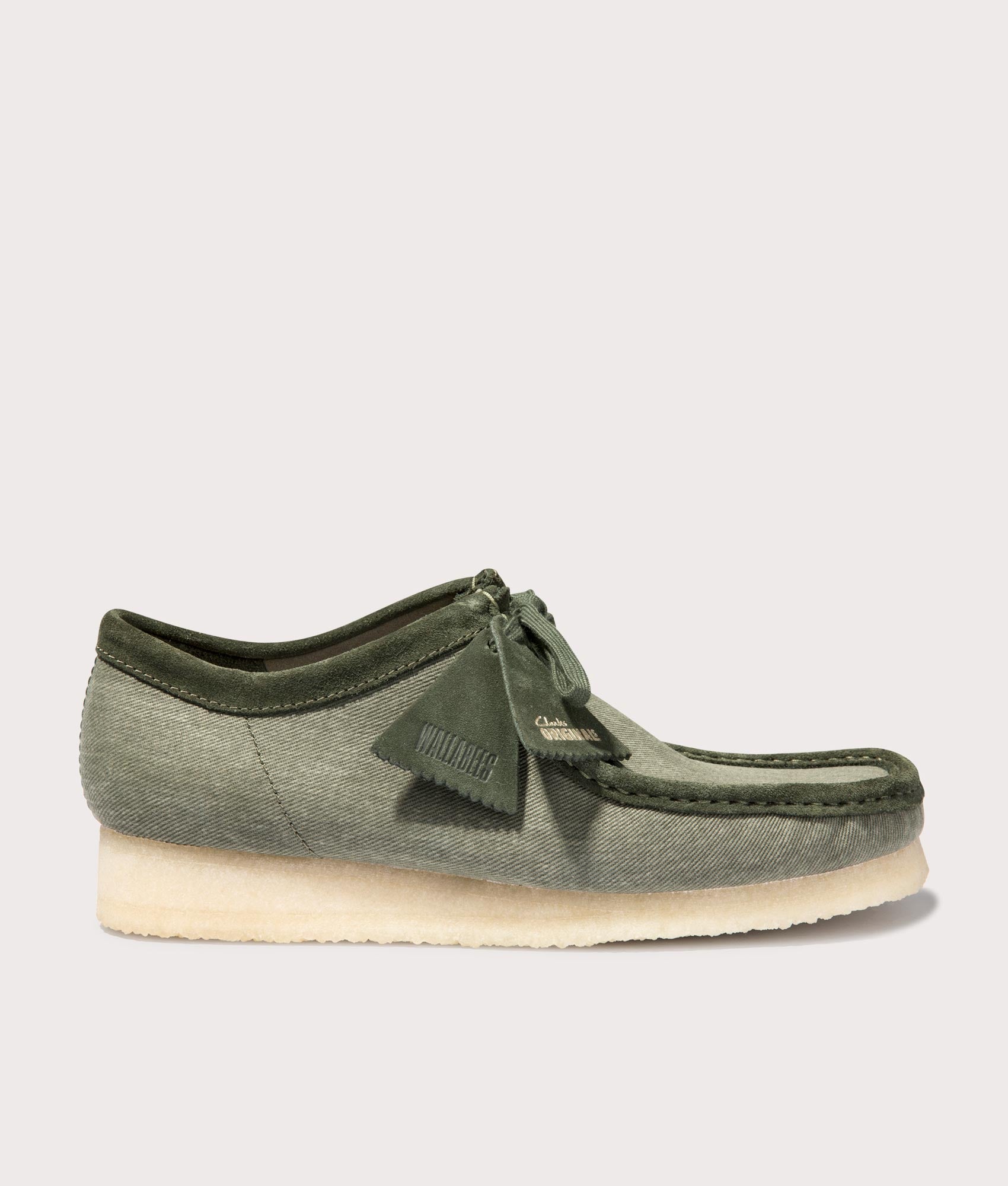 Wallabee Canvas in Forrest Green by Clarkes at EQVVS Menswear. Side Shot.
