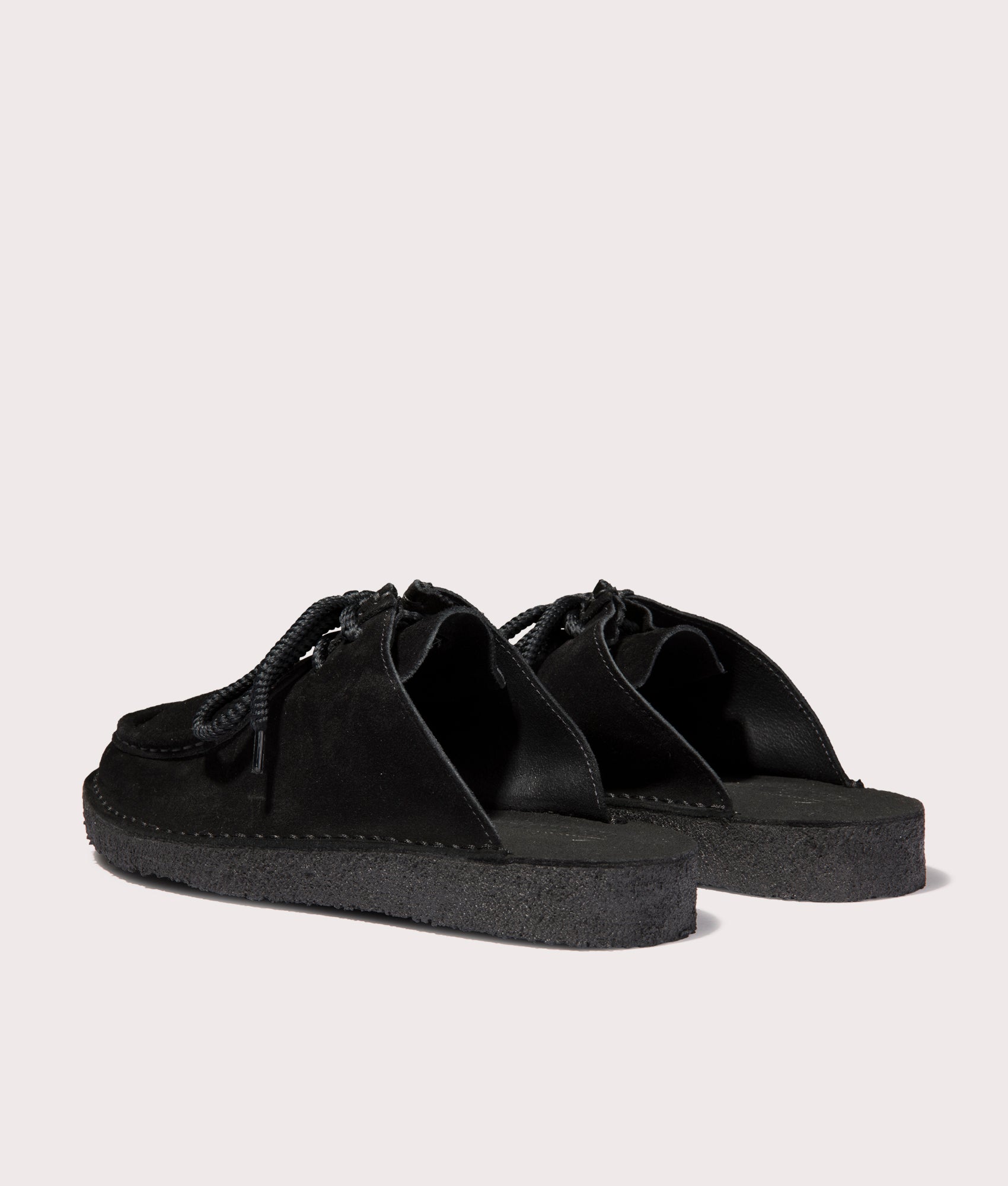 Desert Nomad Mule in Black Suede by Clarkes at EQVVS Menswear. Back Shot. 