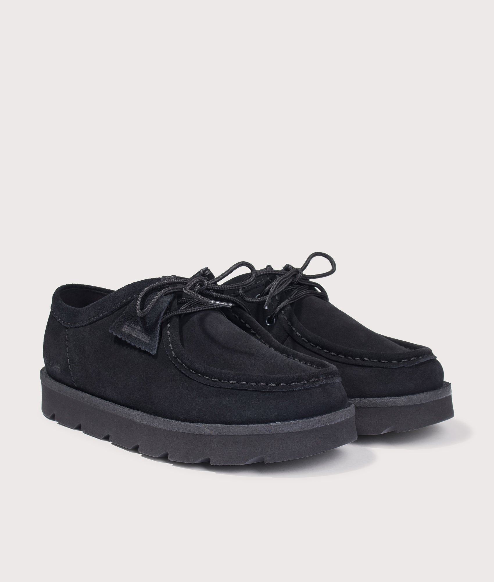 Clarks Originals Walla in Black Suede at EQVVS Menswear. Angled front shot.