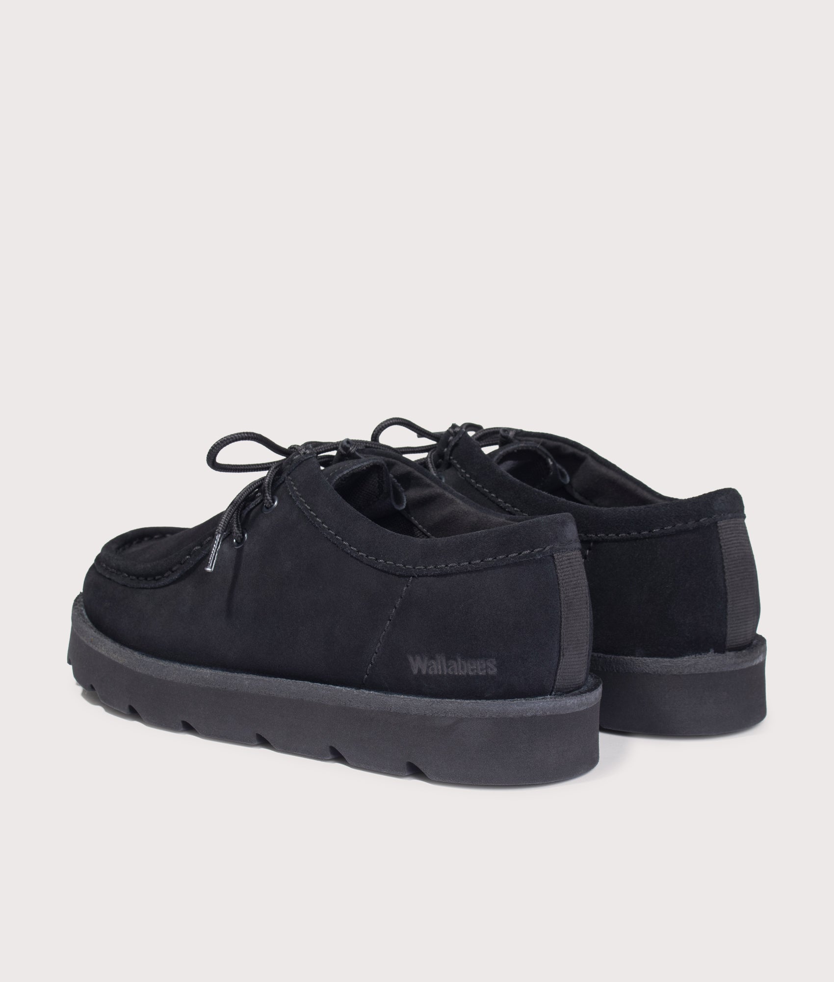 Clarks Originals Walla in Black Suede at EQVVS Menswear. Angled back shot.