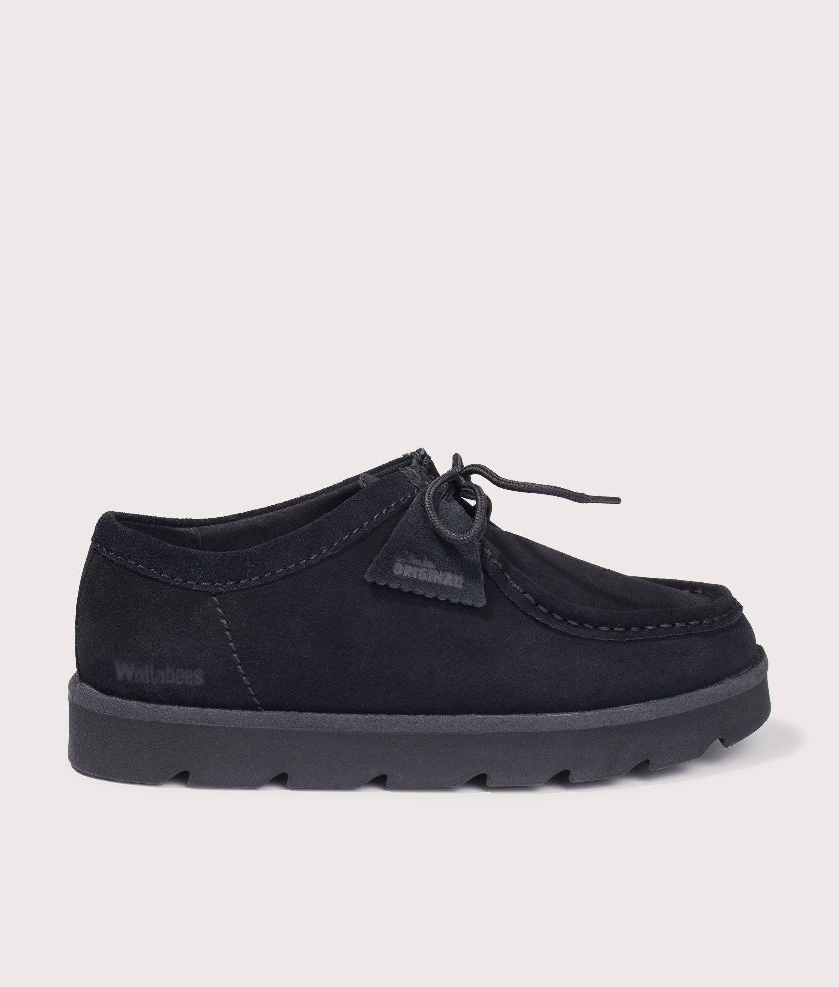 Clarks Originals Walla in Black Suede at EQVVS Menswear. Side shot.