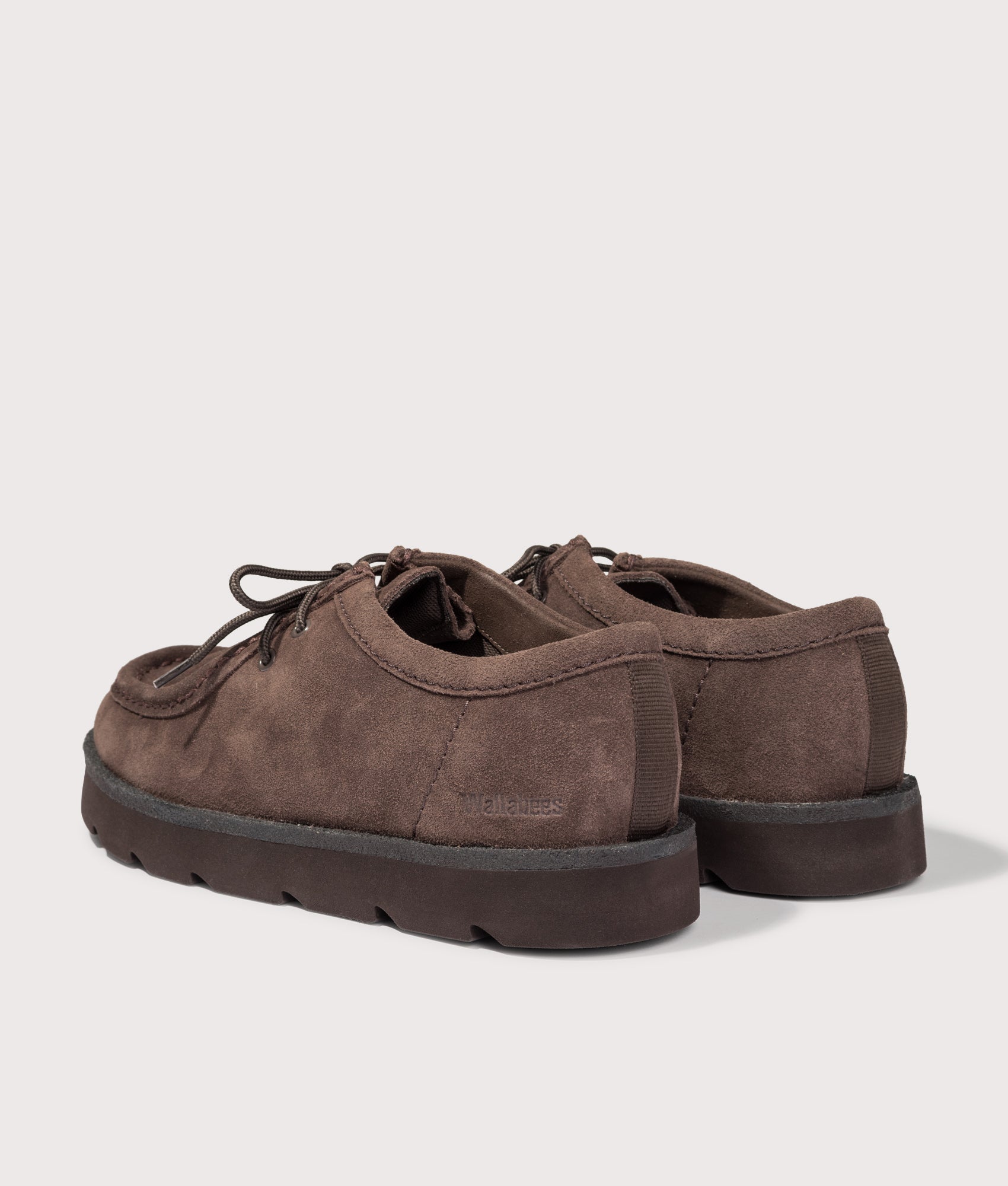 Clarks Originals Meare Walla Shoes in Dark Brown Suede at EQVVS Menswear.  Back shot.