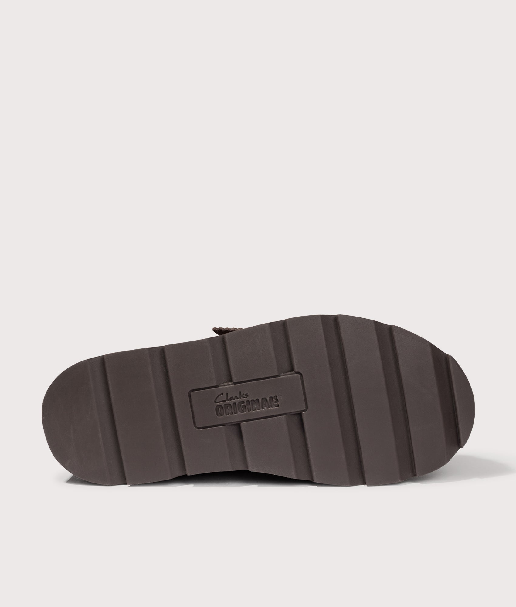 Clarks Originals Meare Walla Shoes in Dark Brown Suede at EQVVS Menswear.  Tread shot.