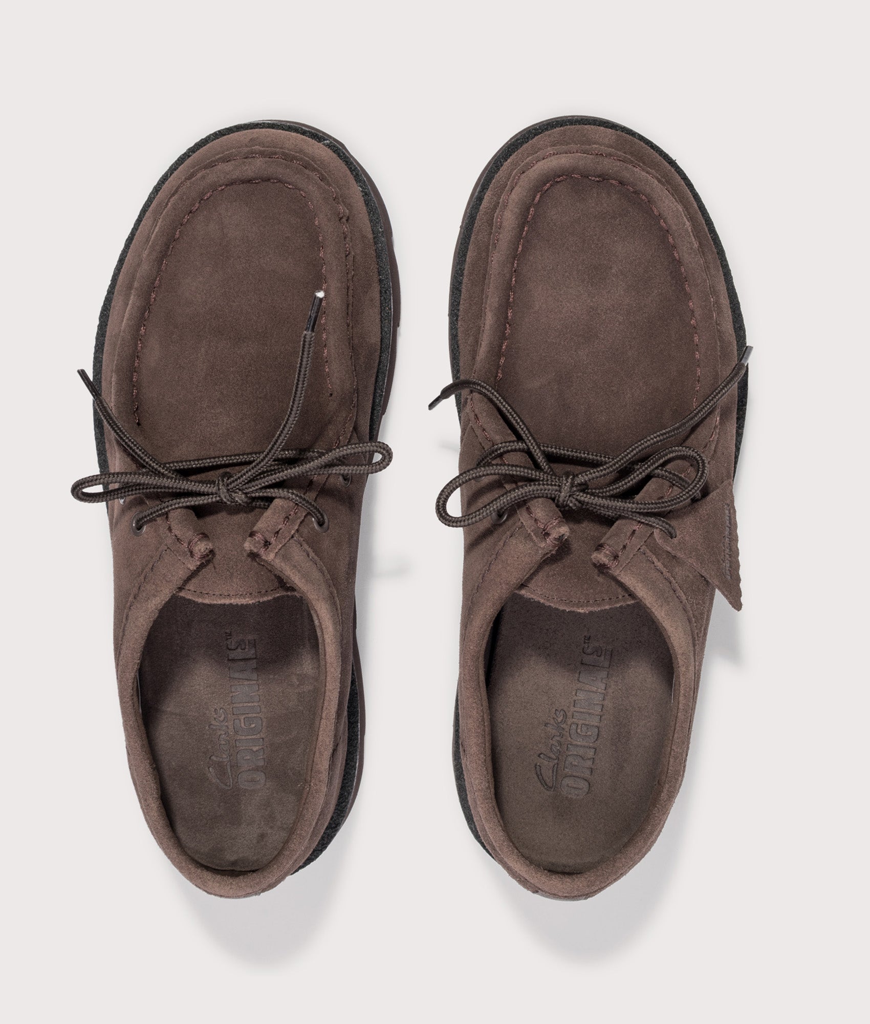 Clarks Originals Meare Walla Shoes in Dark Brown Suede at EQVVS Menswear.  Top shot.